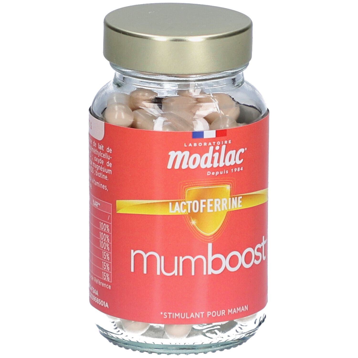 Flacon en verre avec gélules. Étiquette rouge avec 'Modilac', 'Mumboost', 'Lactoferrine'. Bouchon doré.