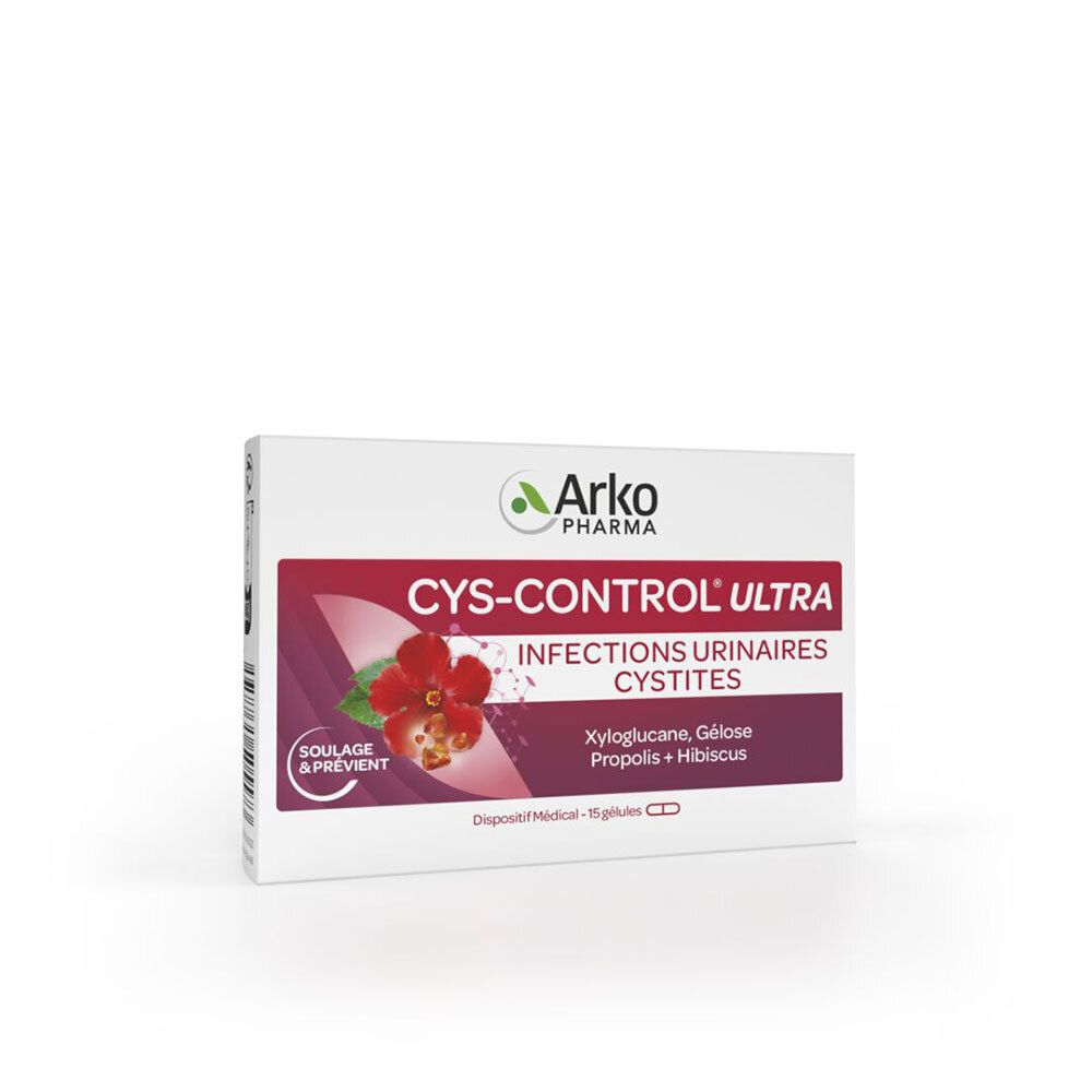 Boîte blanche Cys-Control Ultra. Marque Arkopharma. Image de fleur rouge. Inscriptions en français.