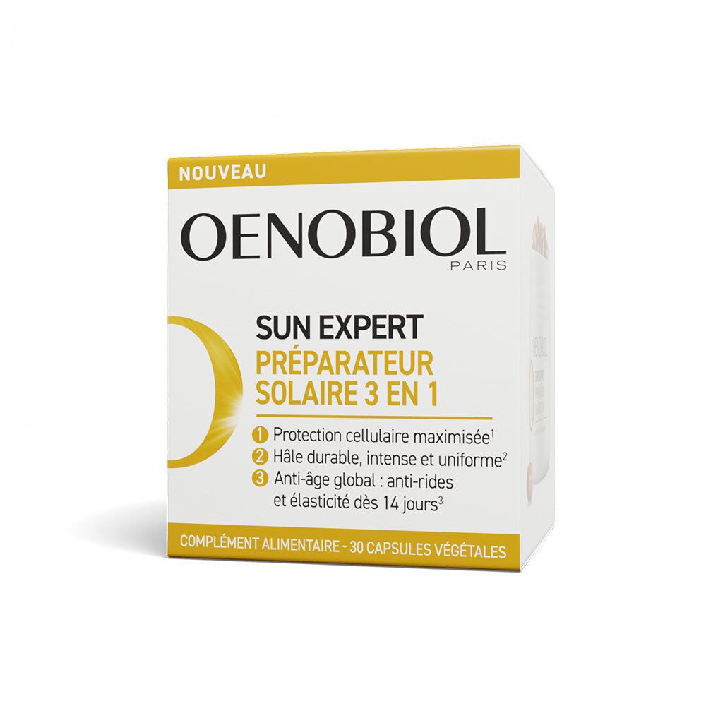 Boîte OENOBIOL Sun Expert 3 en 1. Blanche et jaune. Texte et image du produit.