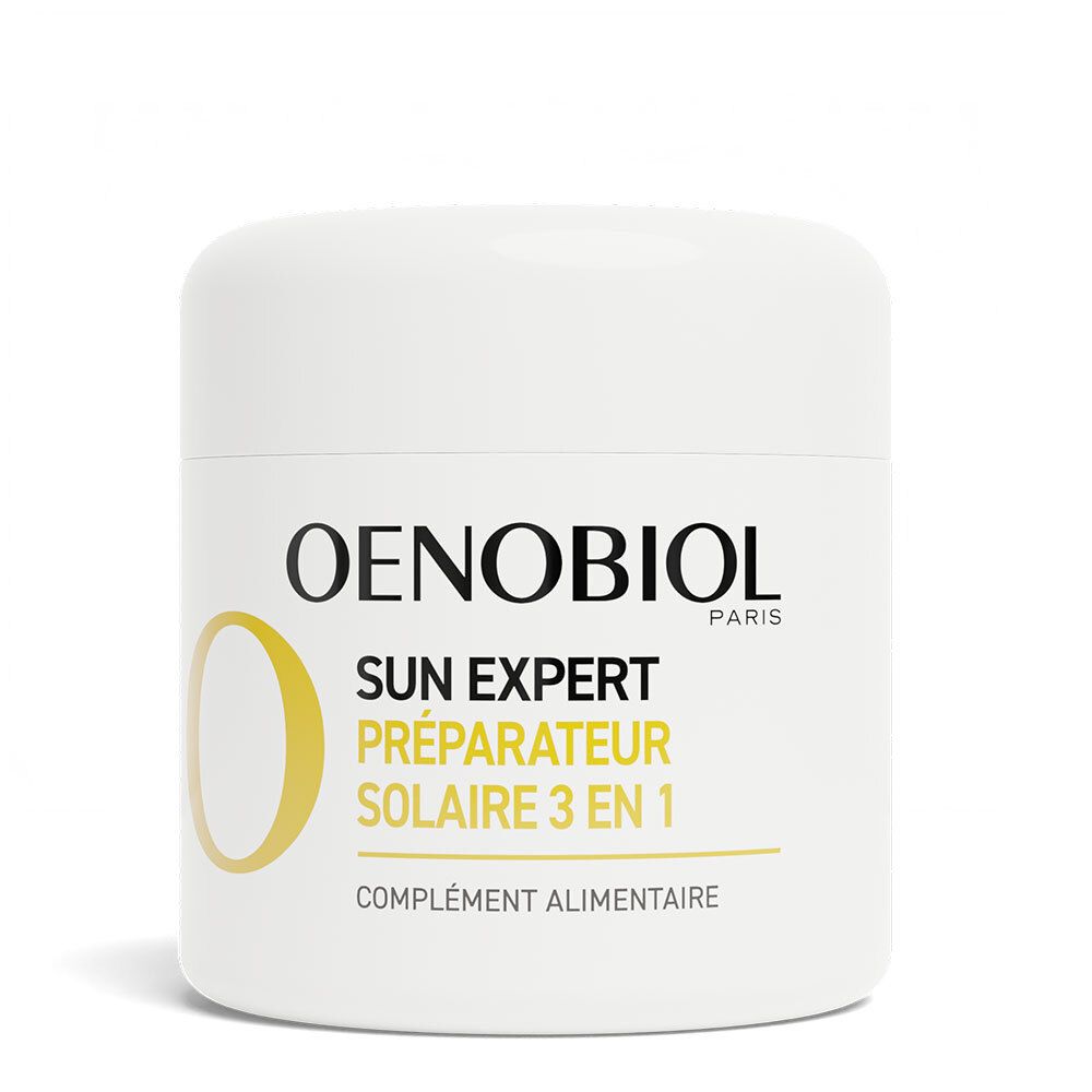 Pot OENOBIOL Sun Expert 3 en 1. Blanc, étiquette jaune. Nom du produit et logo.