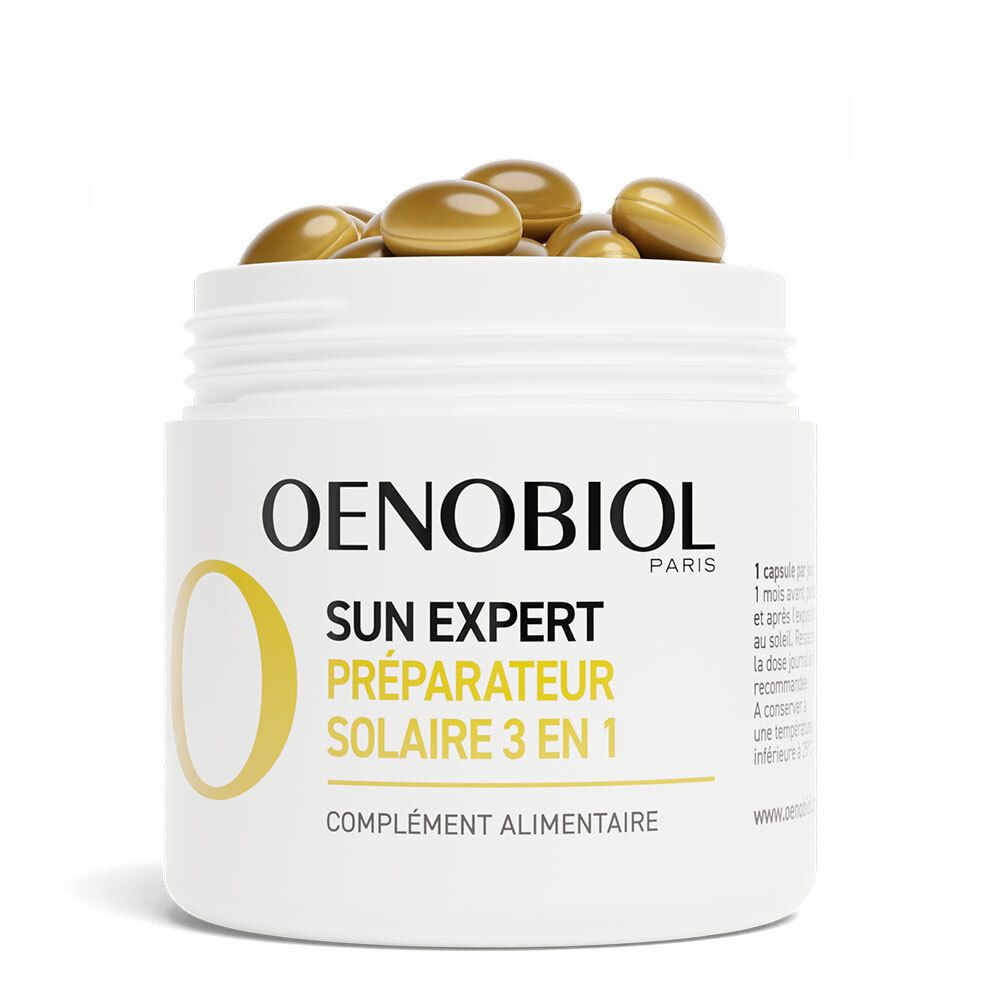 Pot OENOBIOL Sun Expert 3 en 1 avec gélules. Nom et logo du produit.
