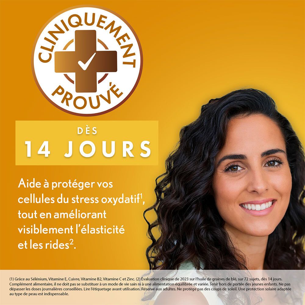 Publicité avec femme. Texte: Cliniquement prouvé. Aide au stress oxydatif et rides.
