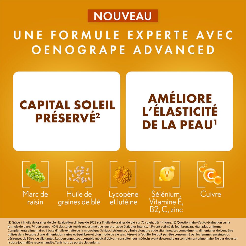 Publicité. Texte: Formule experte avec OENOGRAPE ADVANCED. Ingrédients illustrés.