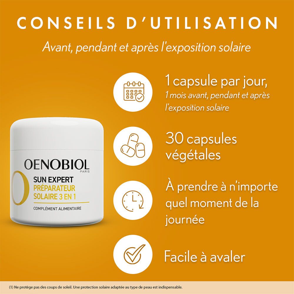 Conseils d'utilisation. OENOBIOL Sun Expert 3 en 1. 1 gélule par jour, avant, pendant et après.
