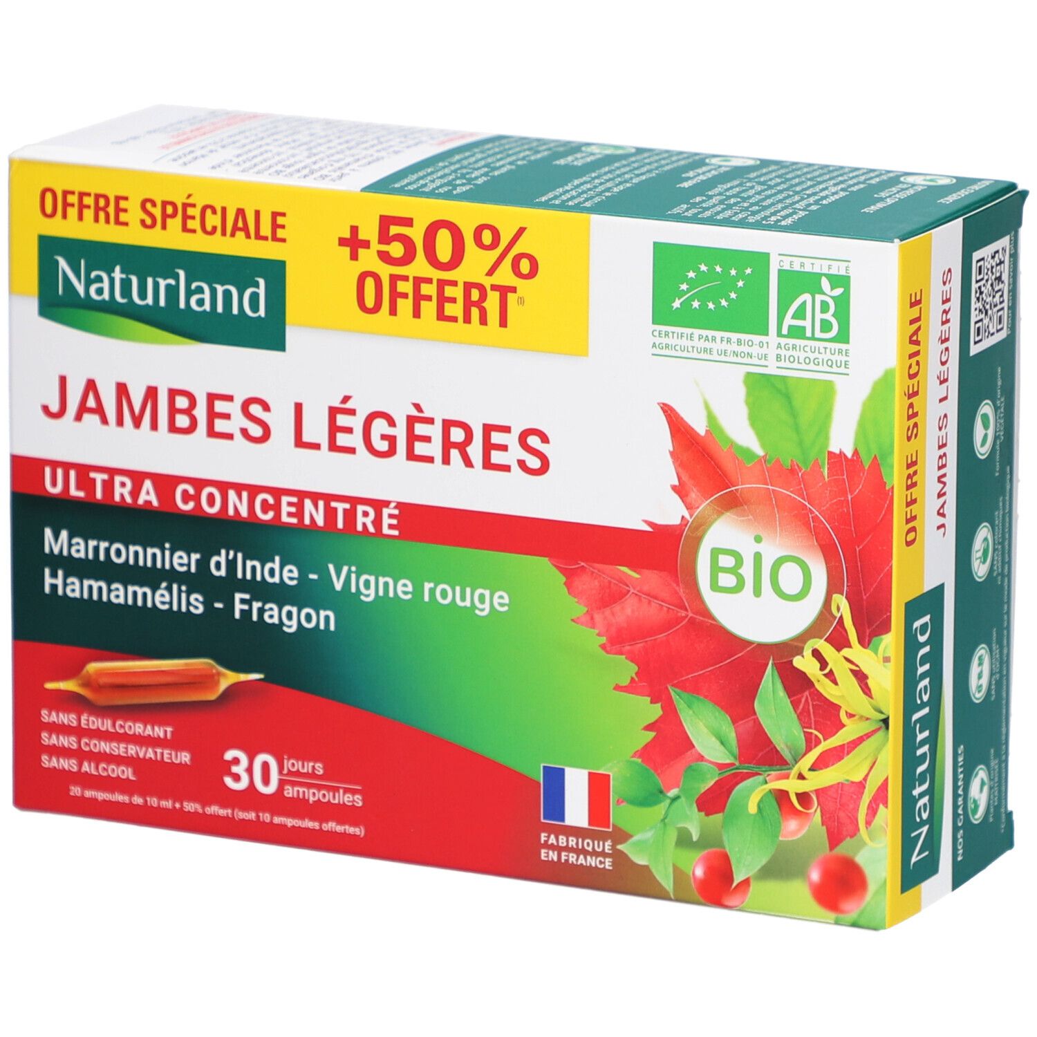 Boîte de Naturland Jambes Légères Ultra Concentré Bio. Design vert et blanc, nom du produit et label bio. Contient 30 ampoules.