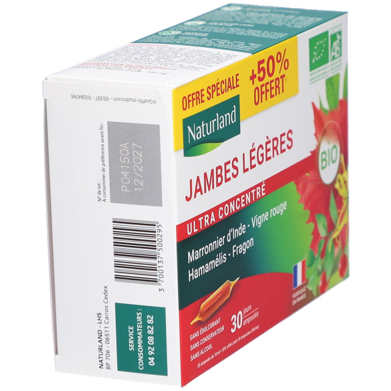 Vue oblique de la boîte Naturland Jambes Légères Ultra Concentré Bio. Contient des informations sur le produit et une date de péremption.