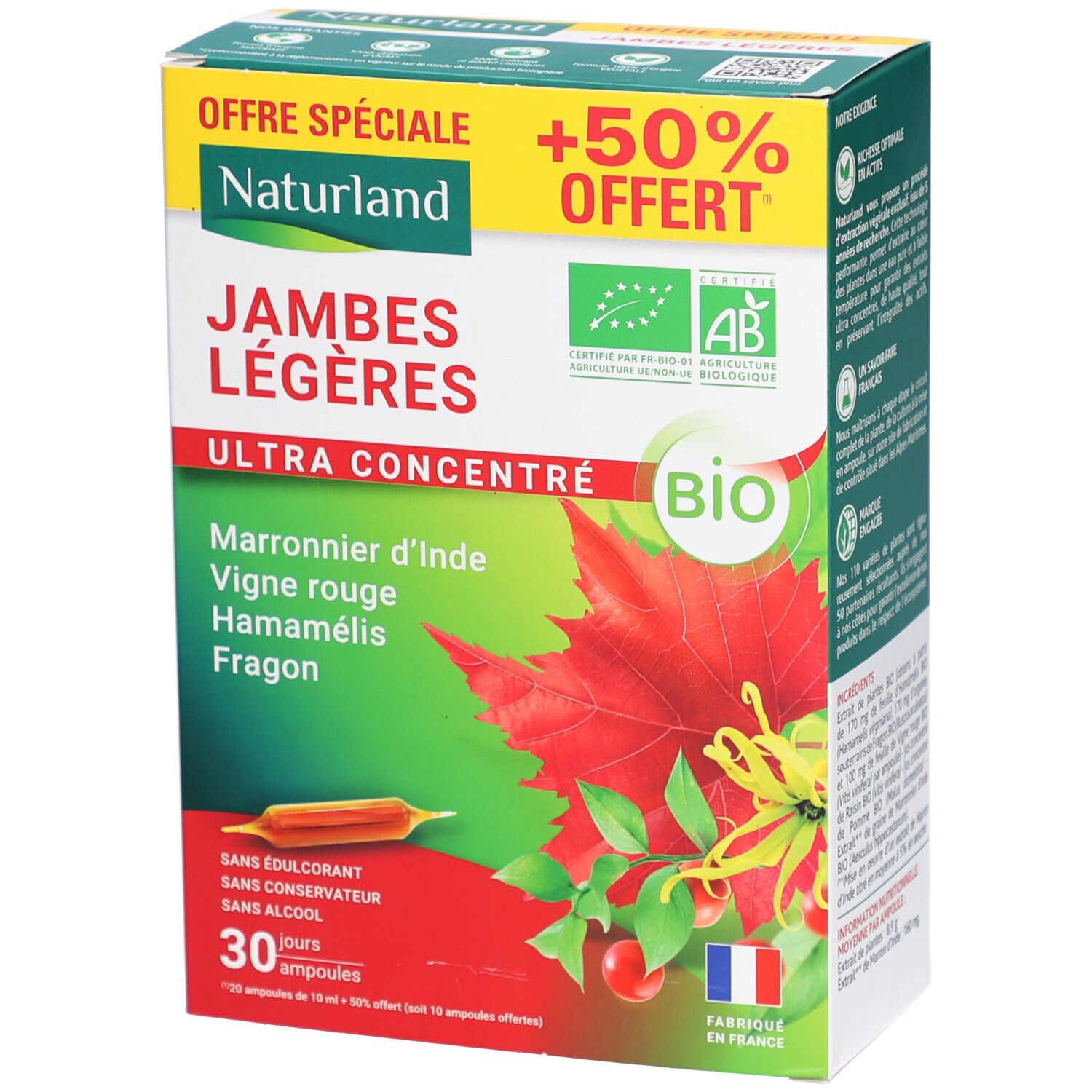 Boîte de Naturland Jambes Légères Ultra Concentré Bio. Design vert et blanc, nom du produit et label bio. 30 ampoules.