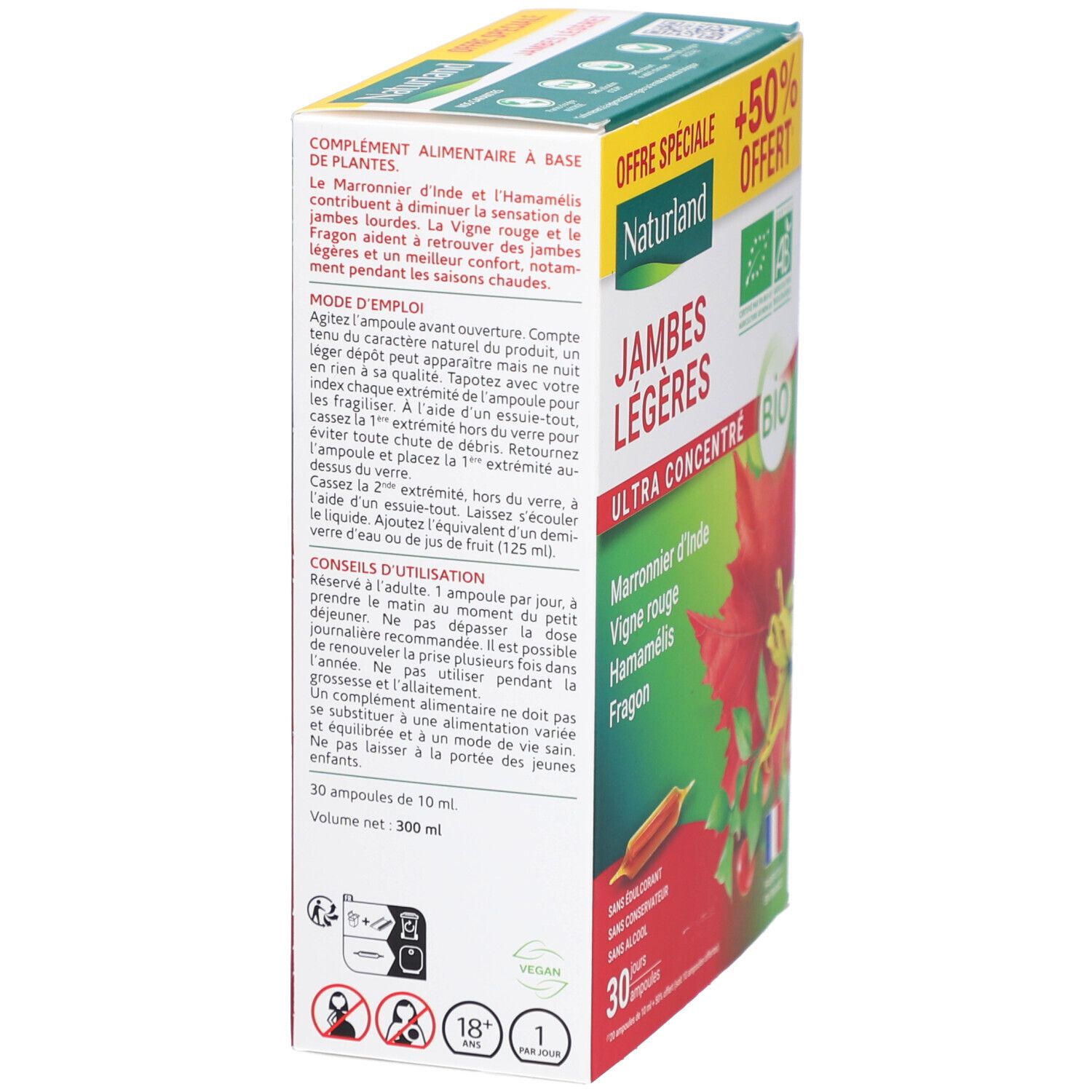 Dos de la boîte Naturland Jambes Légères Ultra Concentré Bio. Contient des informations sur le produit et des instructions d'utilisation.
