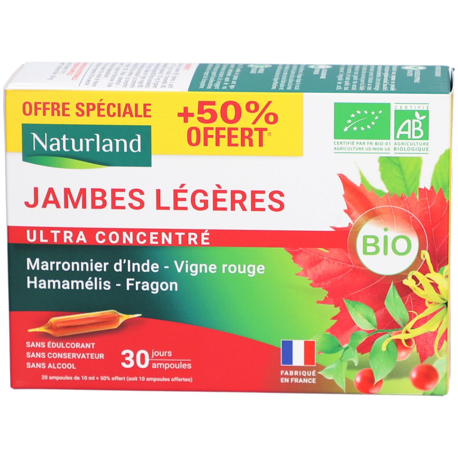 Boîte de Naturland Jambes Légères Ultra Concentré Bio. Design vert et blanc, nom du produit et label bio. 30 ampoules.