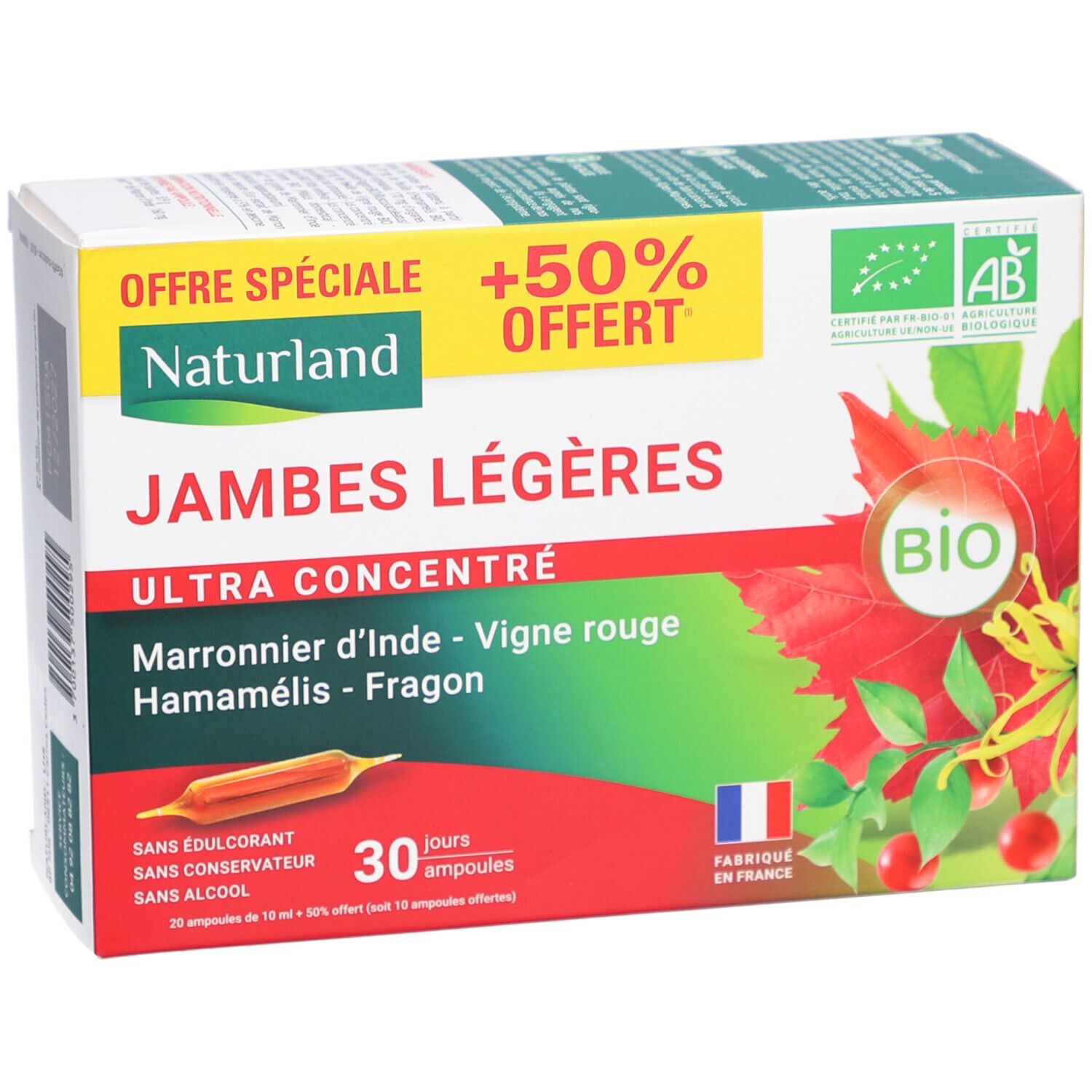 Boîte de Naturland Jambes Légères Ultra Concentré Bio. Design vert et blanc, nom du produit et label bio. 30 ampoules.