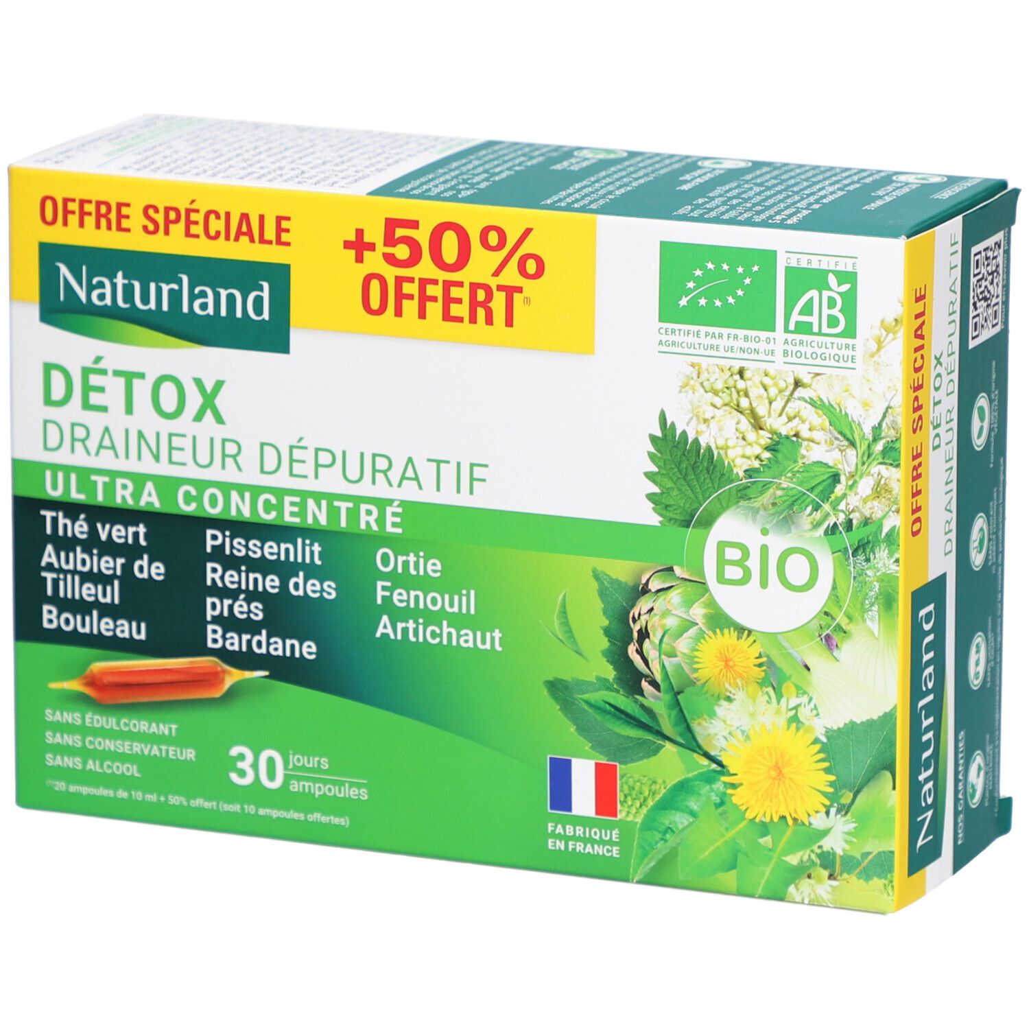 Boîte de compléments alimentaires. Inscriptions : DÉTOX, Draineur Dépuratif, Ultra Concentré. Contient 30 ampoules. Label AB Bio et drapeau français.
