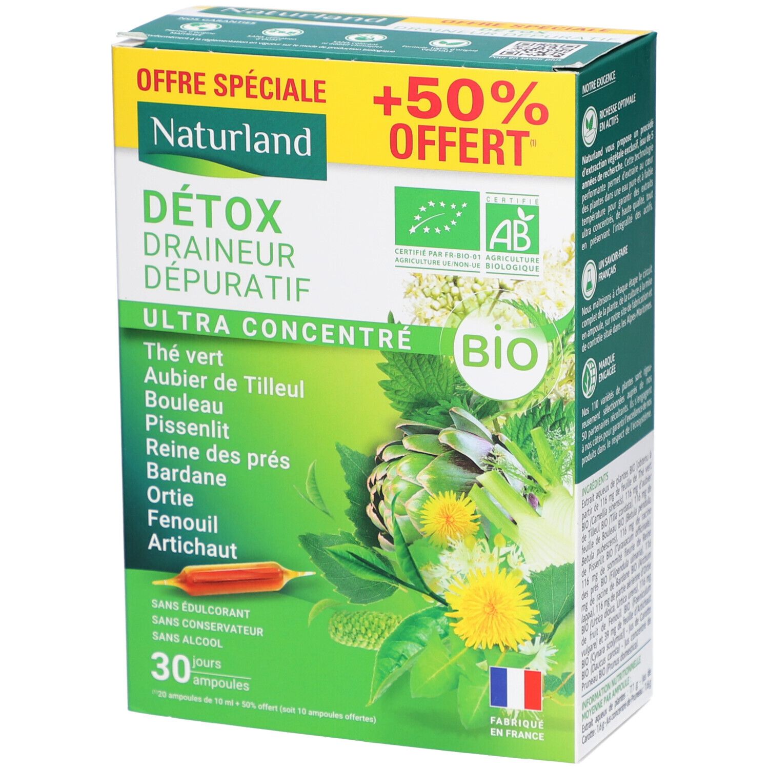 Boîte de compléments alimentaires. Inscriptions : DÉTOX, Draineur Dépuratif, Ultra Concentré. Contient 30 ampoules. Label AB Bio et drapeau français.