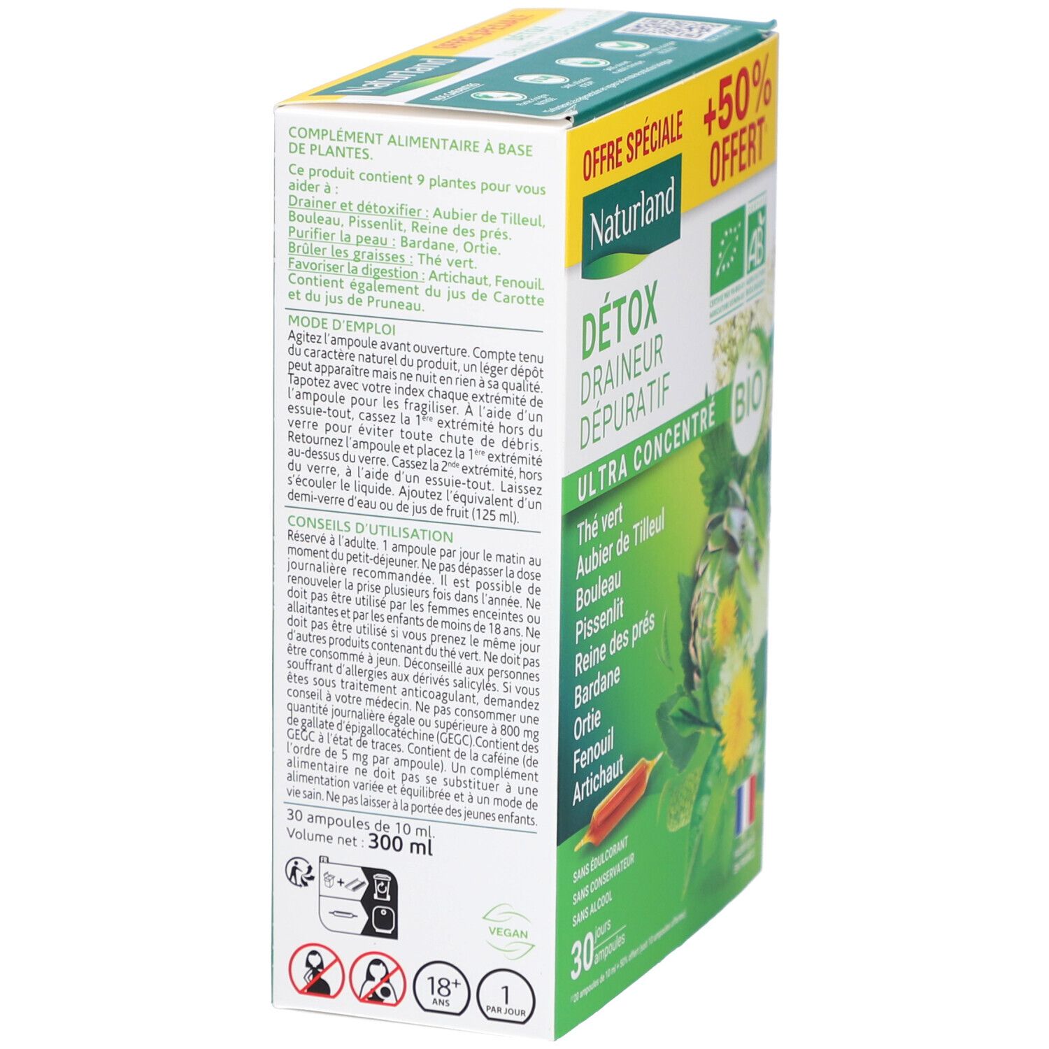 Boîte de compléments alimentaires. Inscriptions : DÉTOX, Draineur Dépuratif, Ultra Concentré. Contient 30 ampoules. Label AB Bio et drapeau français.