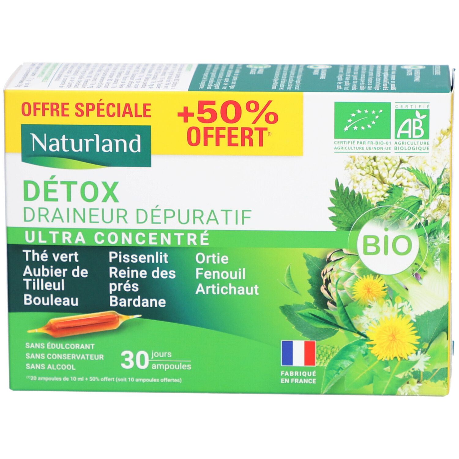 Boîte de compléments alimentaires. Inscriptions : DÉTOX, Draineur Dépuratif, Ultra Concentré. Contient 30 ampoules. Label AB Bio et drapeau français.
