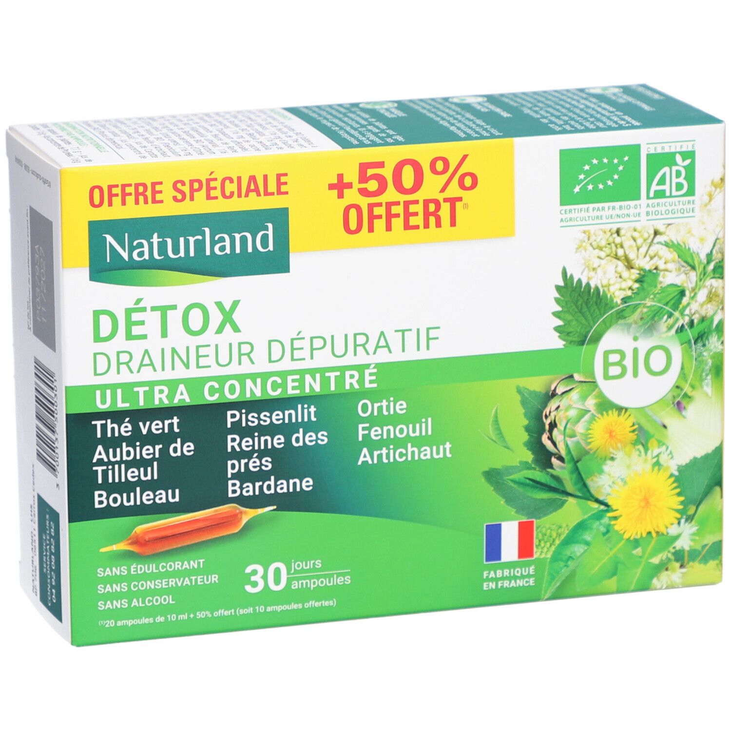 Boîte de compléments alimentaires. Inscriptions : DÉTOX, Draineur Dépuratif, Ultra Concentré. Contient 30 ampoules. Label AB Bio et drapeau français.