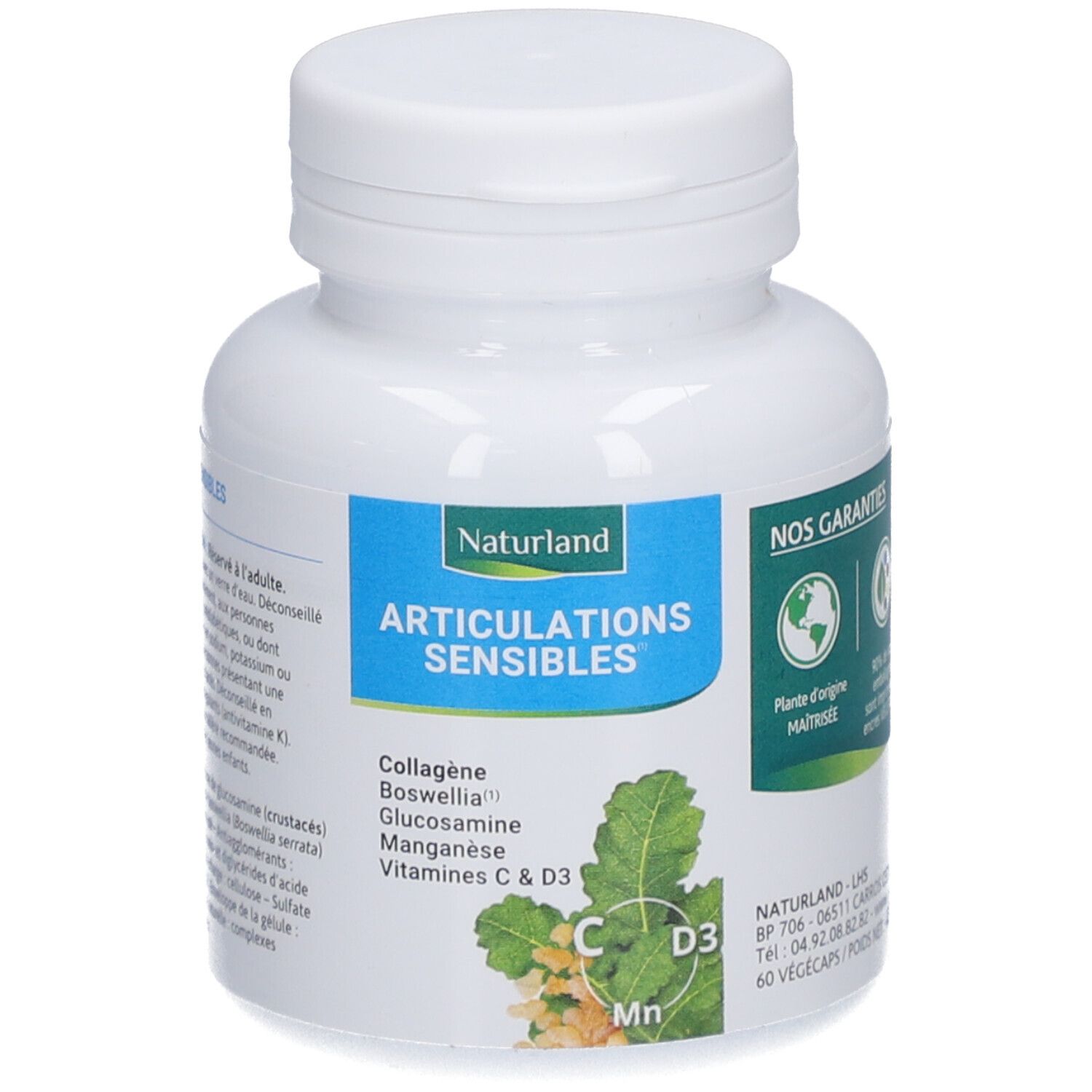 Weiße Flasche mit blauem Etikett. Aufschrift: Articulations Sensibles. Enthält Kollagen, Glucosamin, Mangan, Vitamine C & D3. 60 Vegécaps.