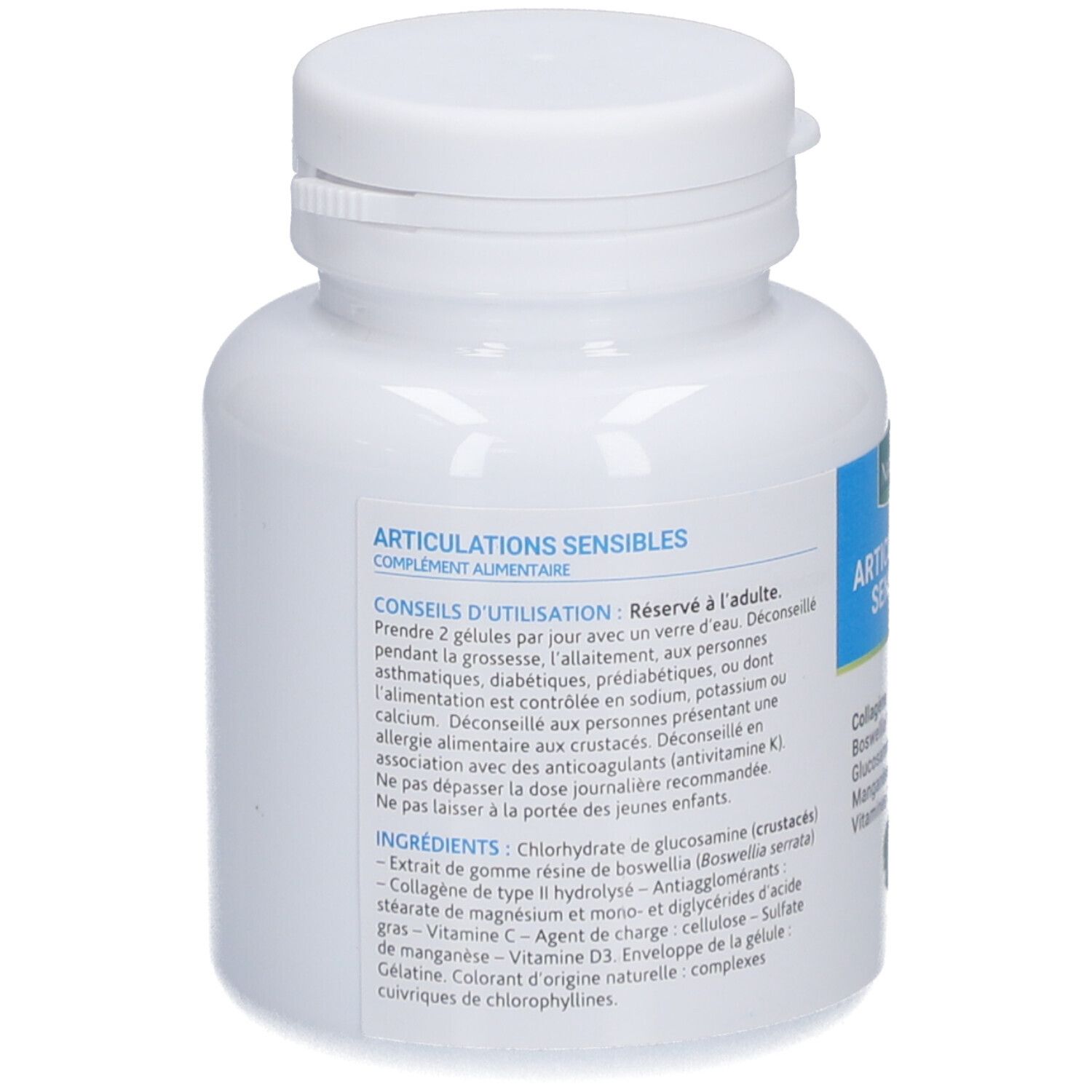 Rückseite einer weißen Flasche. Text: Articulations Sensibles. Gebrauchsanweisung, Inhaltsstoffe. Enthält u.a. Glucosamin, Kollagen, Vitamin D3.