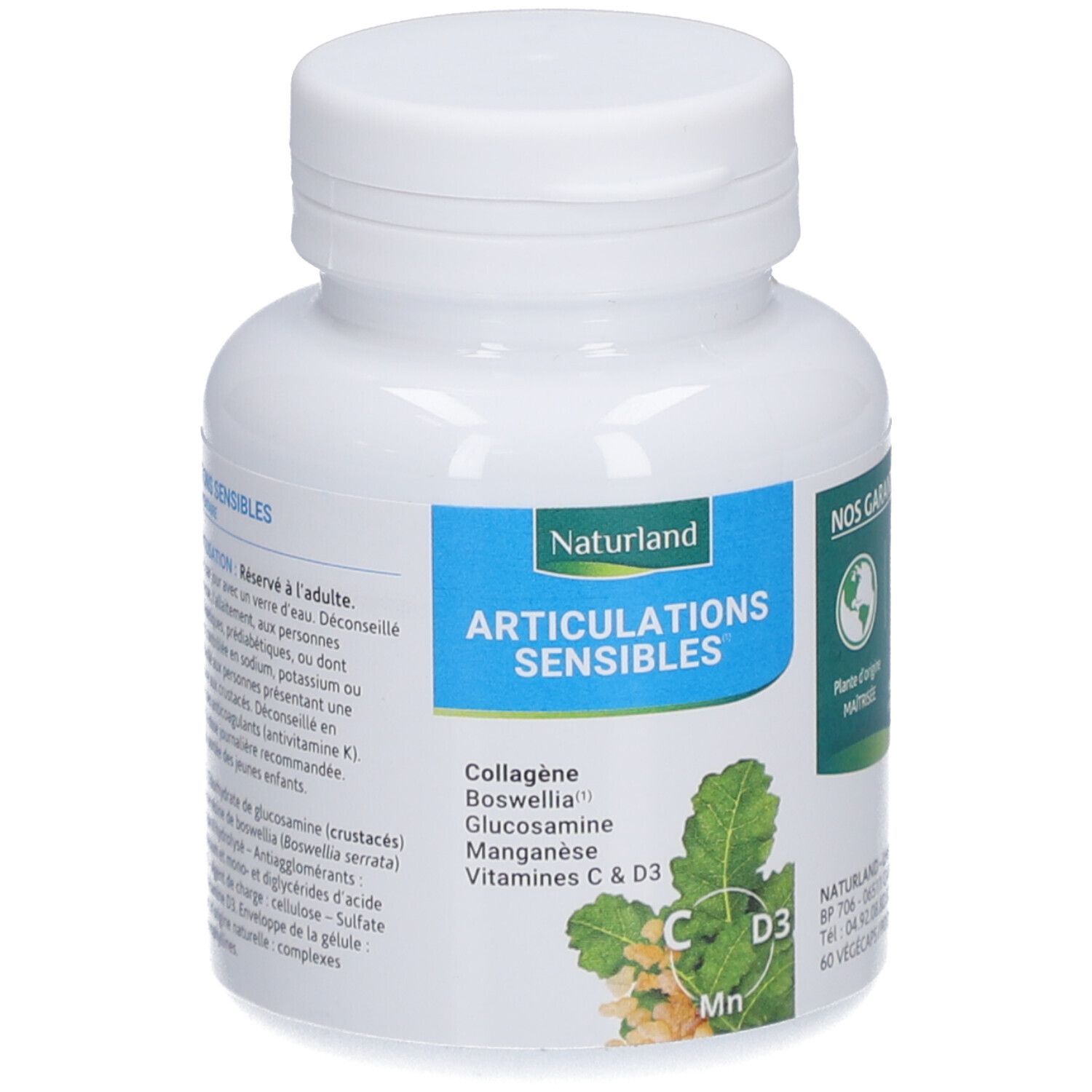 Weiße Flasche mit blauem Etikett. Aufschrift: Articulations Sensibles. Enthält Kollagen, Glucosamin, Mangan, Vitamine C & D3. 60 Vegécaps.