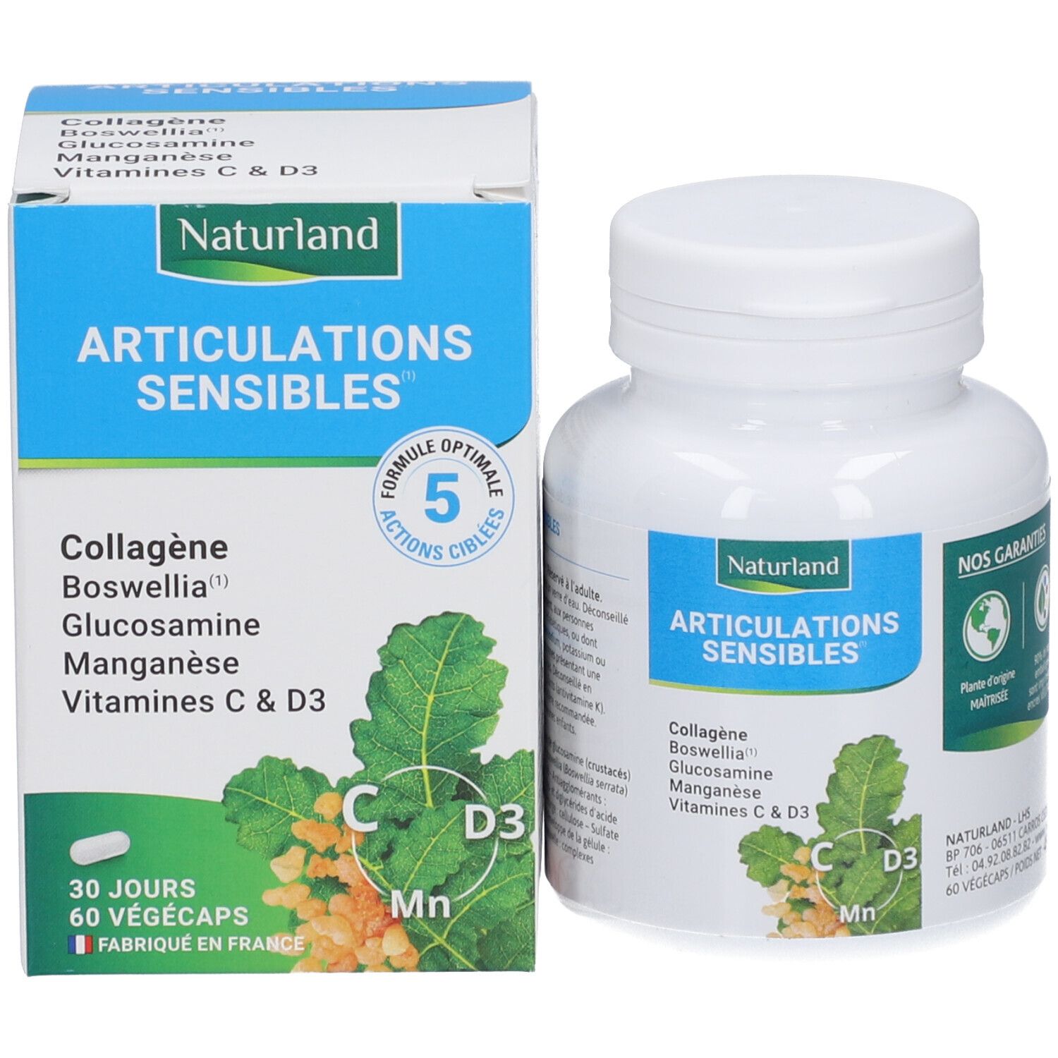 Produktverpackung und Flasche. Verpackung mit Aufschrift: Articulations Sensibles. Enthält Kollagen, Glucosamin, Mangan, Vitamine C & D3. 60 Vegécaps.