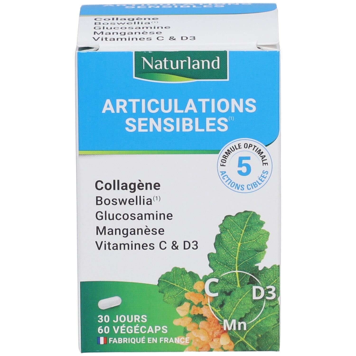 Produktverpackung. Aufschrift: Articulations Sensibles. Enthält Kollagen, Glucosamin, Mangan, Vitamine C & D3. 60 Vegécaps. Hergestellt in Frankreich.