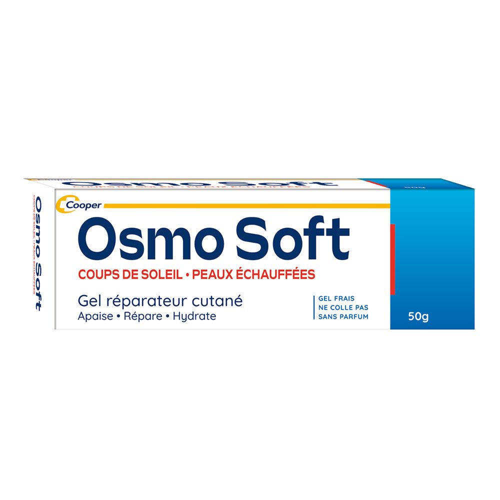 Boîte Osmo Soft. Blanc, bleu et jaune. Texte: Coups de soleil, Peaux échauffées. 50g.