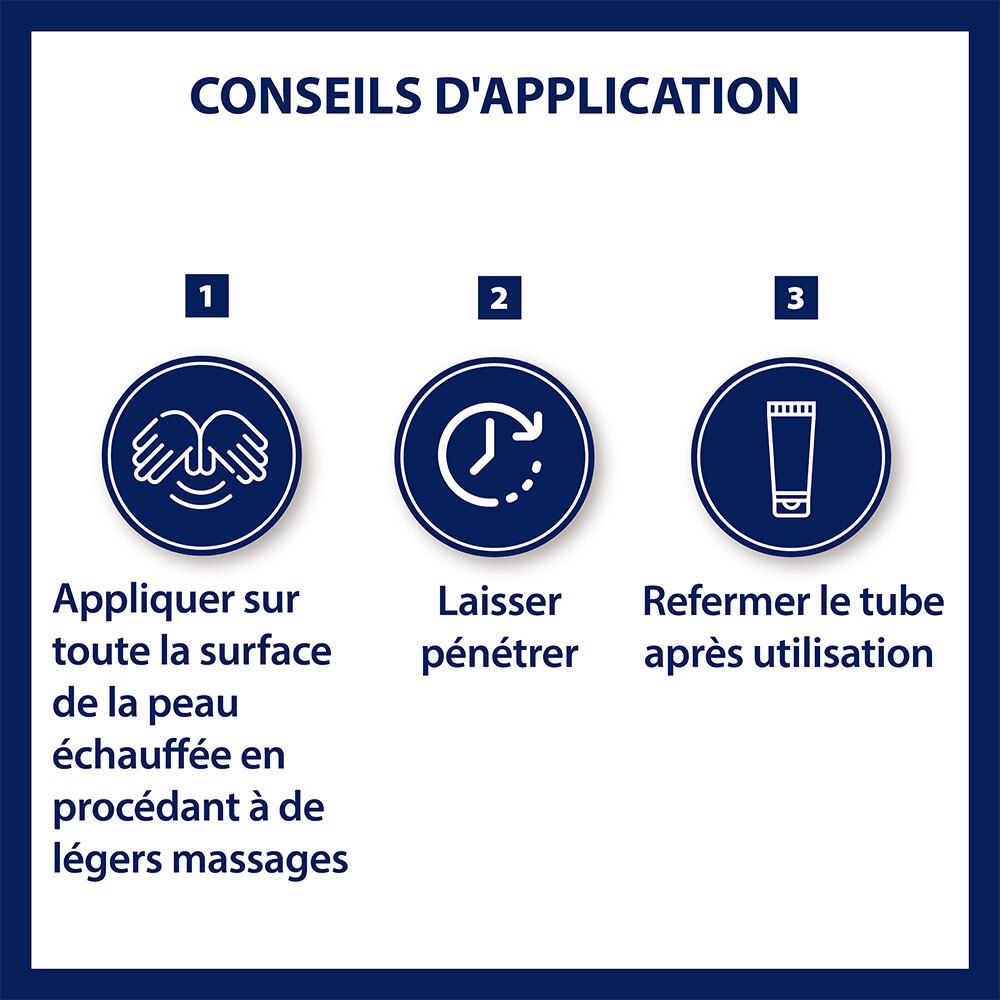 Conseils d'application. 3 étapes: Appliquer, laisser pénétrer, refermer le tube. Cercles bleus avec symboles.