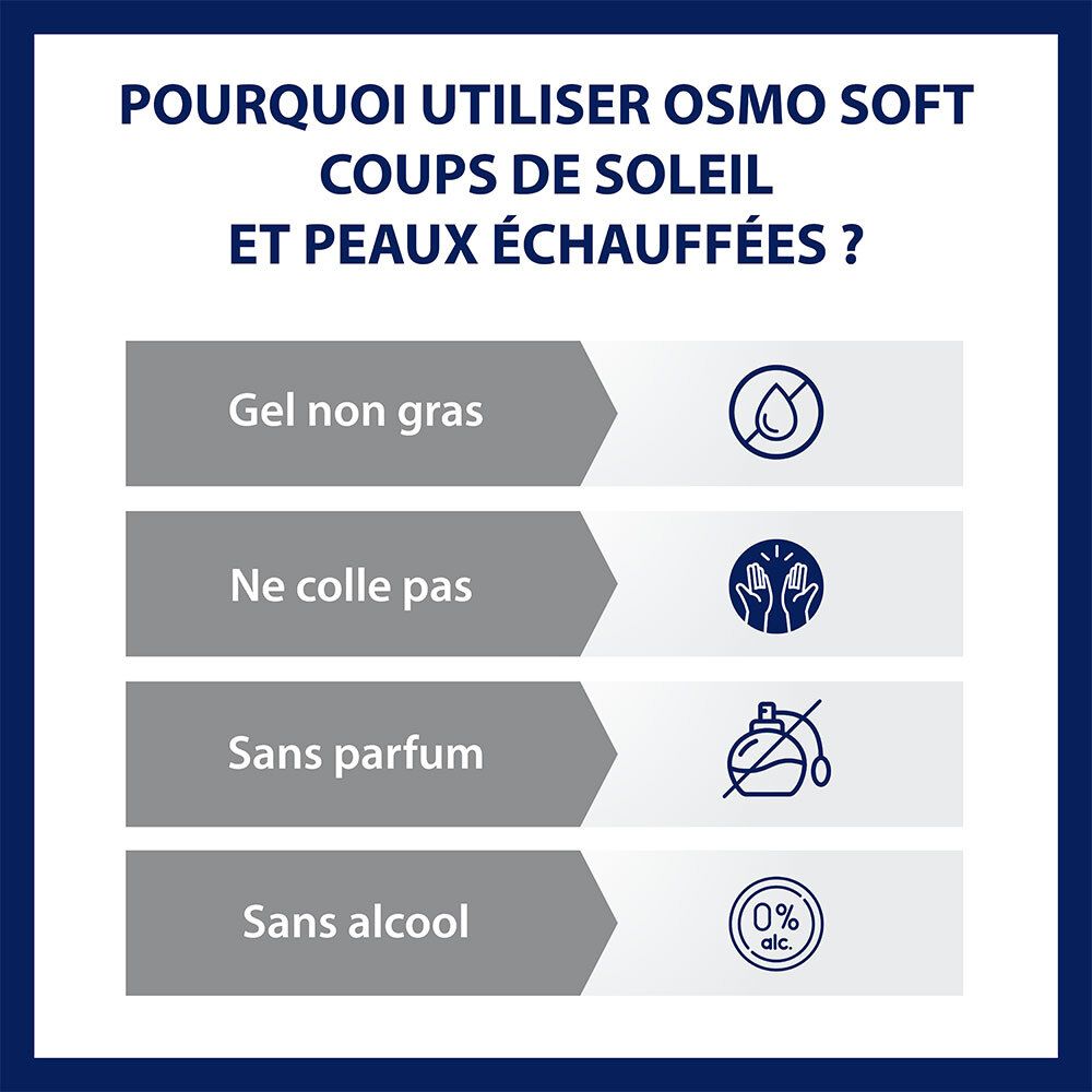 Pourquoi Osmo Soft? Non gras, ne colle pas, sans parfum, sans alcool. Symboles illustrent les caractéristiques.