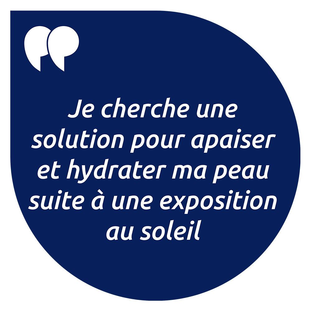Bulle de texte: Je cherche une solution pour apaiser et hydrater ma peau après une exposition au soleil.