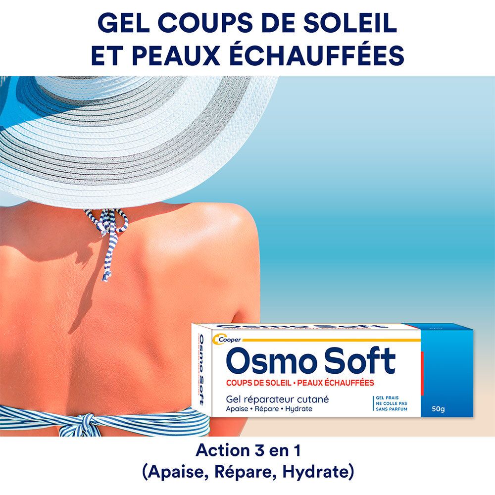 Image du produit: Tube Osmo Soft à côté d'une peau bronzée. Texte: Coups de soleil, Peaux échauffées. 50g.