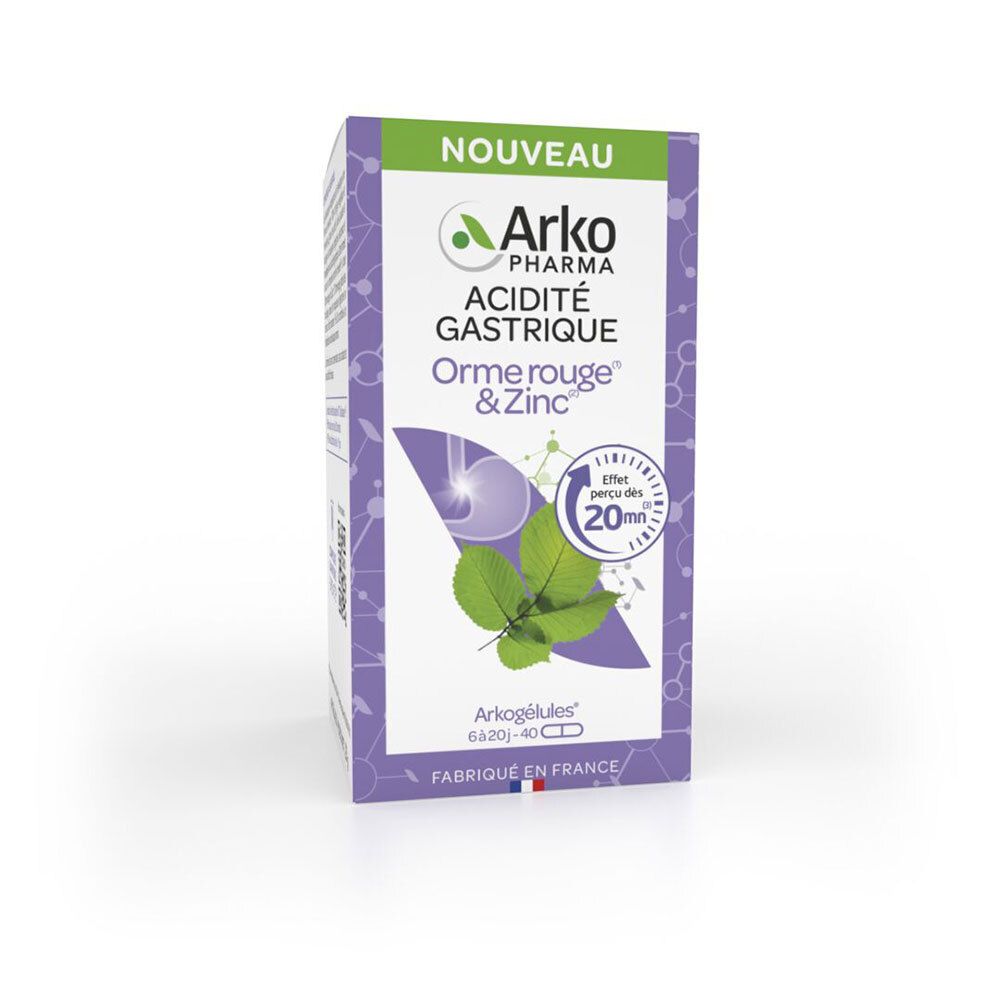 Boîte de gélules Arkopharma. Inscription: Acidité Gastrique Orme rouge & Zinc. Design vert et violet. Fabriqué en France.