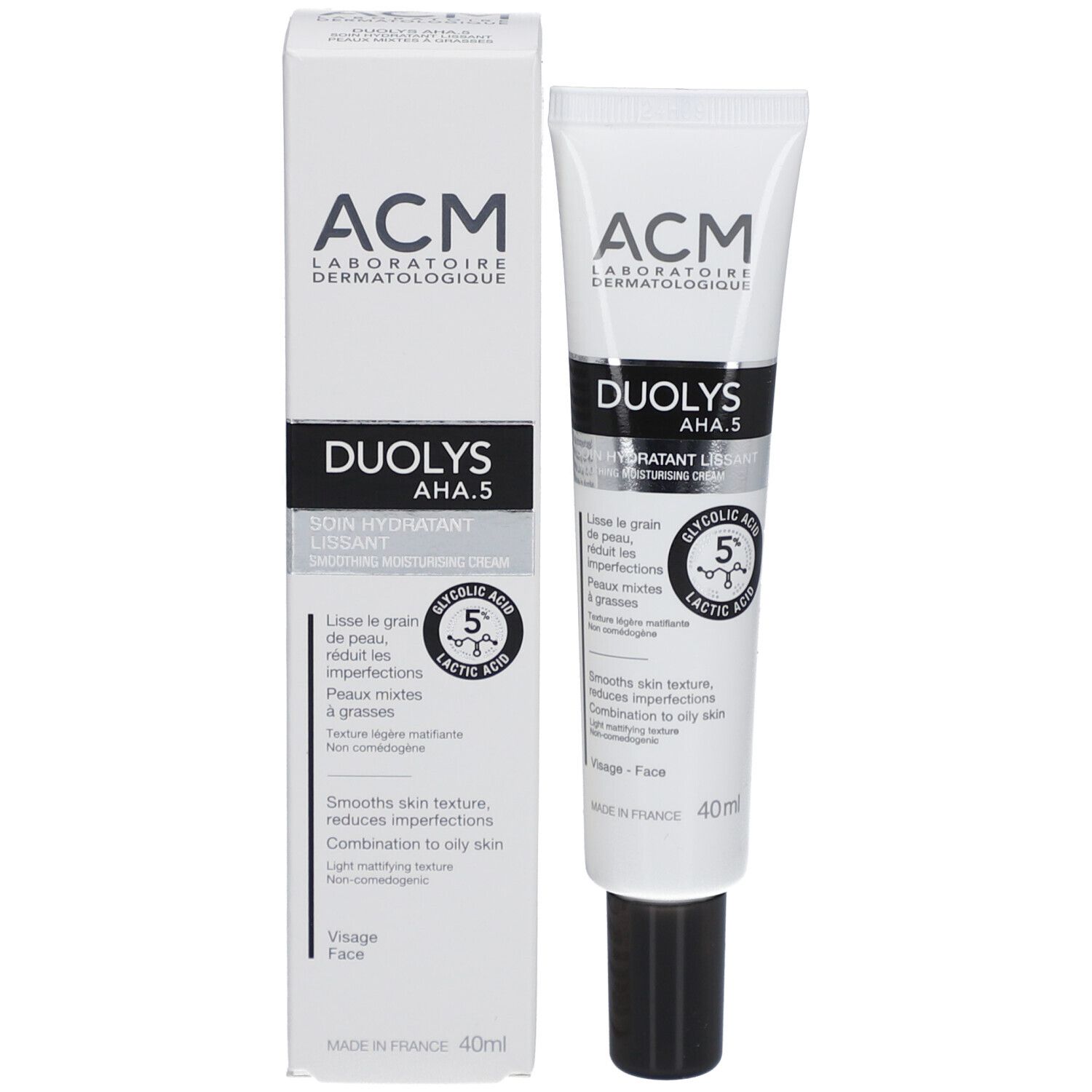 Produktverpackung. Weiße Schachtel und Tube. Aufschrift: ACM, Duolys AHA 5, Soin Hydratant Lissant. Enthält Glykolsäure.