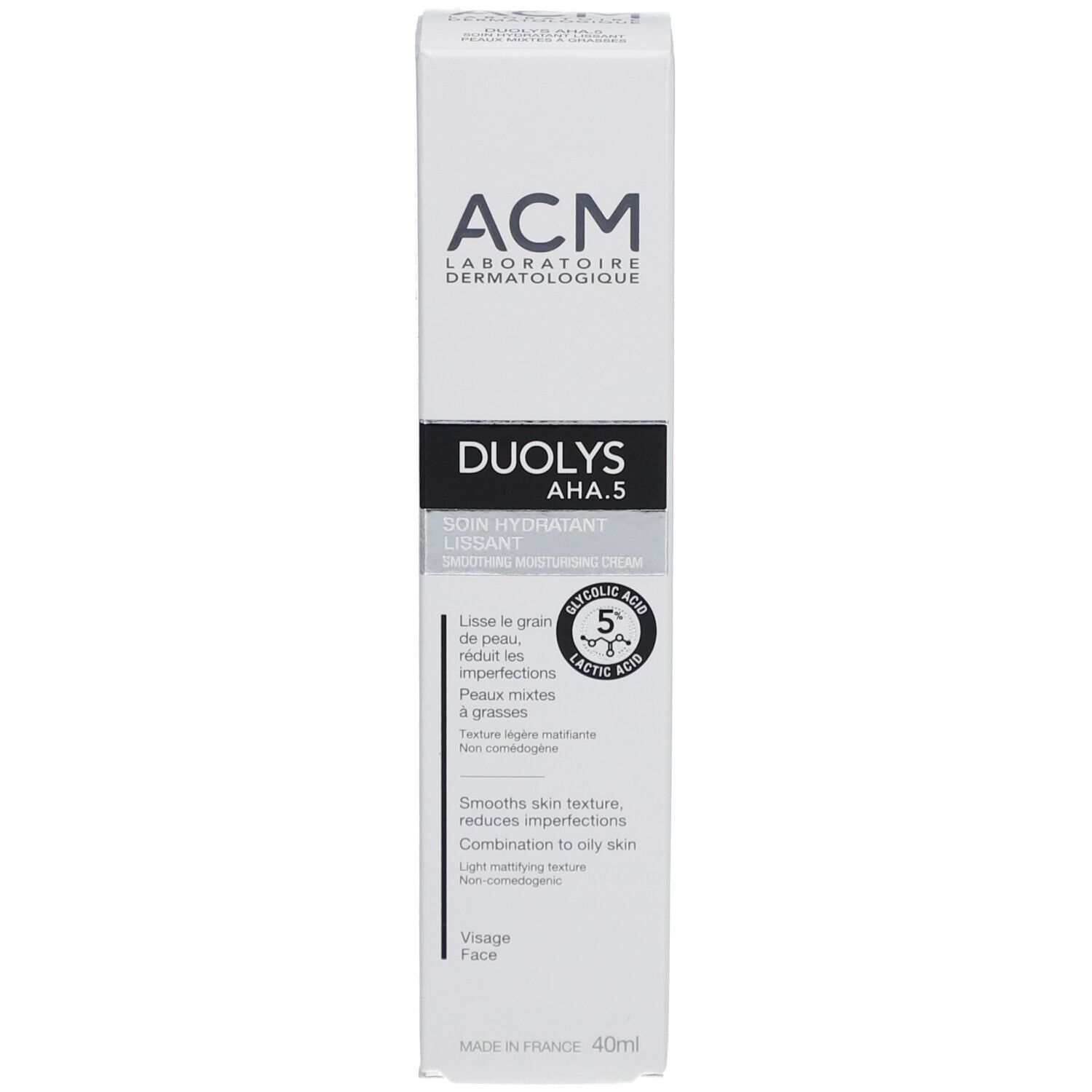 Weiße Schachtel mit Produktinformationen. Aufschrift: ACM, Duolys AHA 5, Soin Hydratant Lissant. Enthält Glykolsäure.