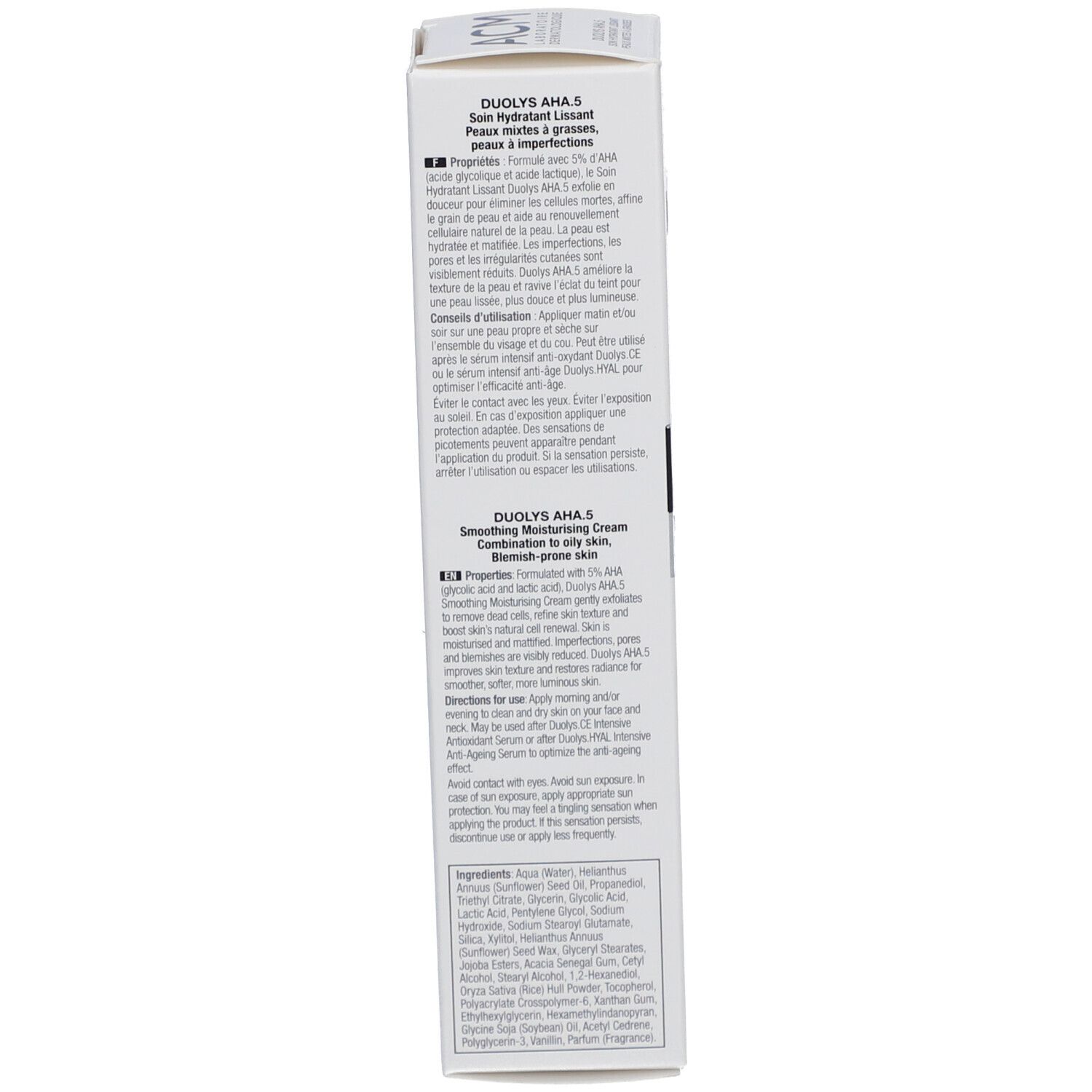 Rückseite der weißen Schachtel. Text in mehreren Sprachen. Enthält Produktinformationen und Inhaltsstoffe.