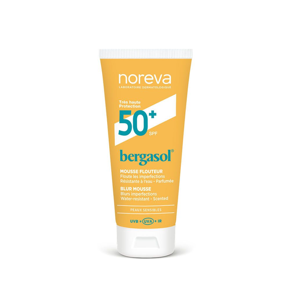 Tube jaune avec bouchon blanc. Inscriptions: NOREVA, SPF 50+, bergasol, Mousse Flouteur. Pour peaux sensibles.
