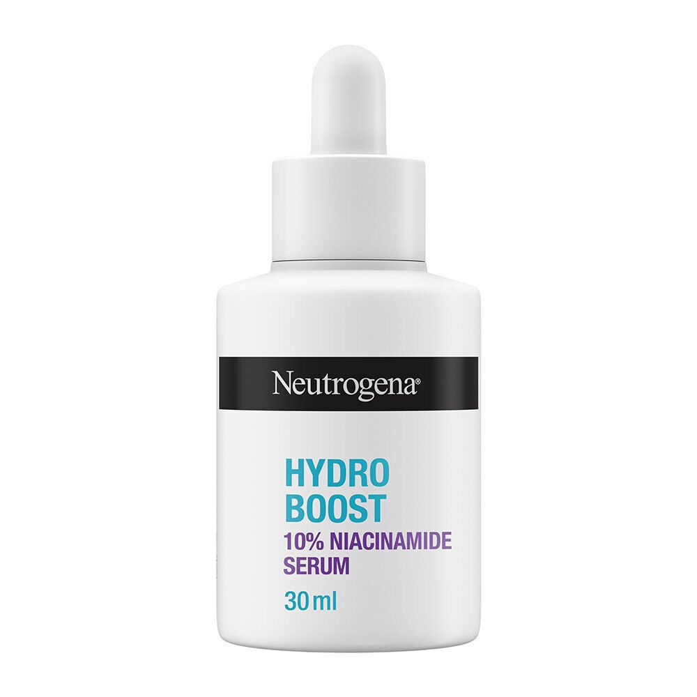 Neutrogena Hydro Boost Serum, weiße Flasche mit Pipette. Schwarzes Band mit Logo. Text: 10% Niacinamid Serum, 30 ml.