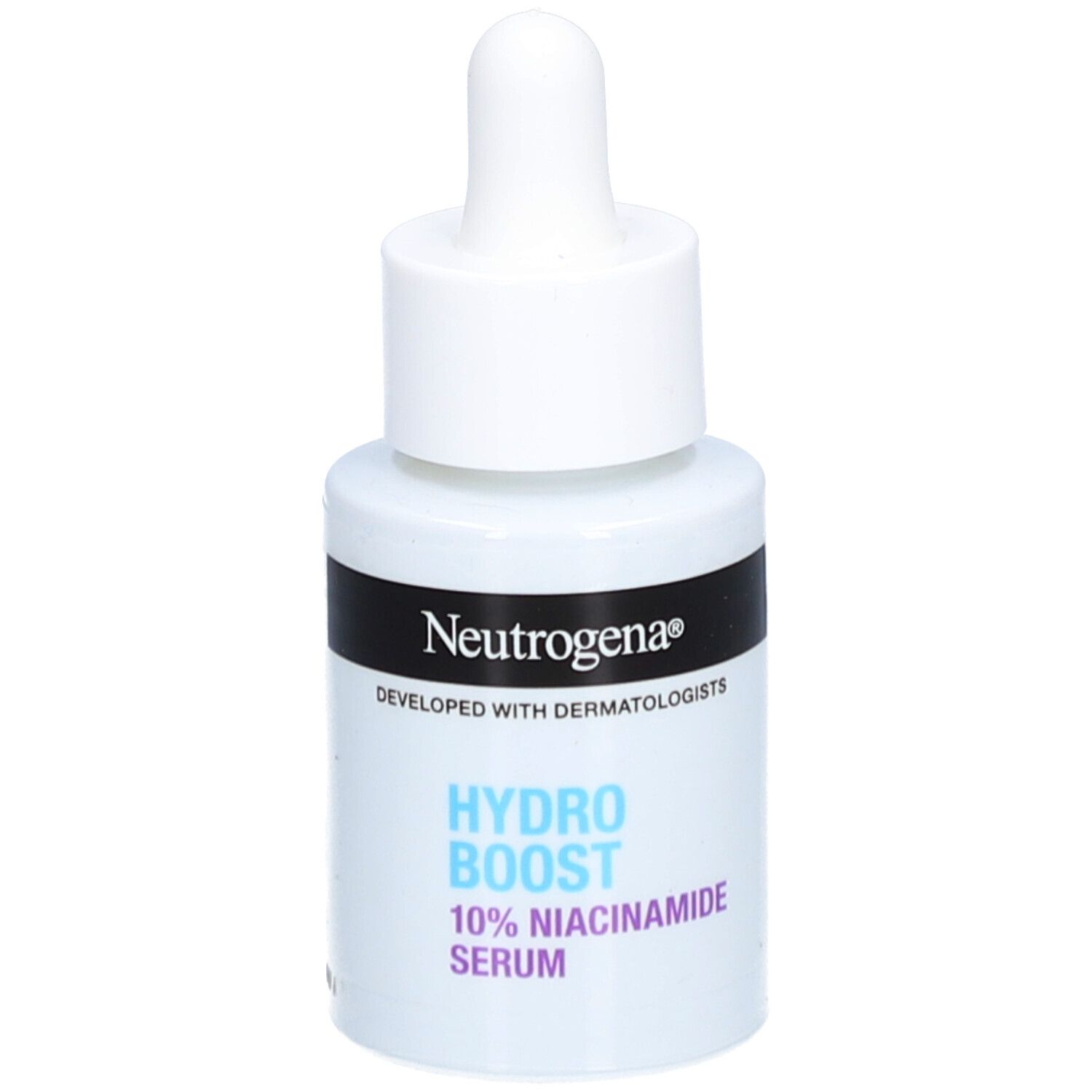 Neutrogena Hydro Boost Serum, weiße Flasche mit Pipette. Schwarzes Band mit Logo und Text.