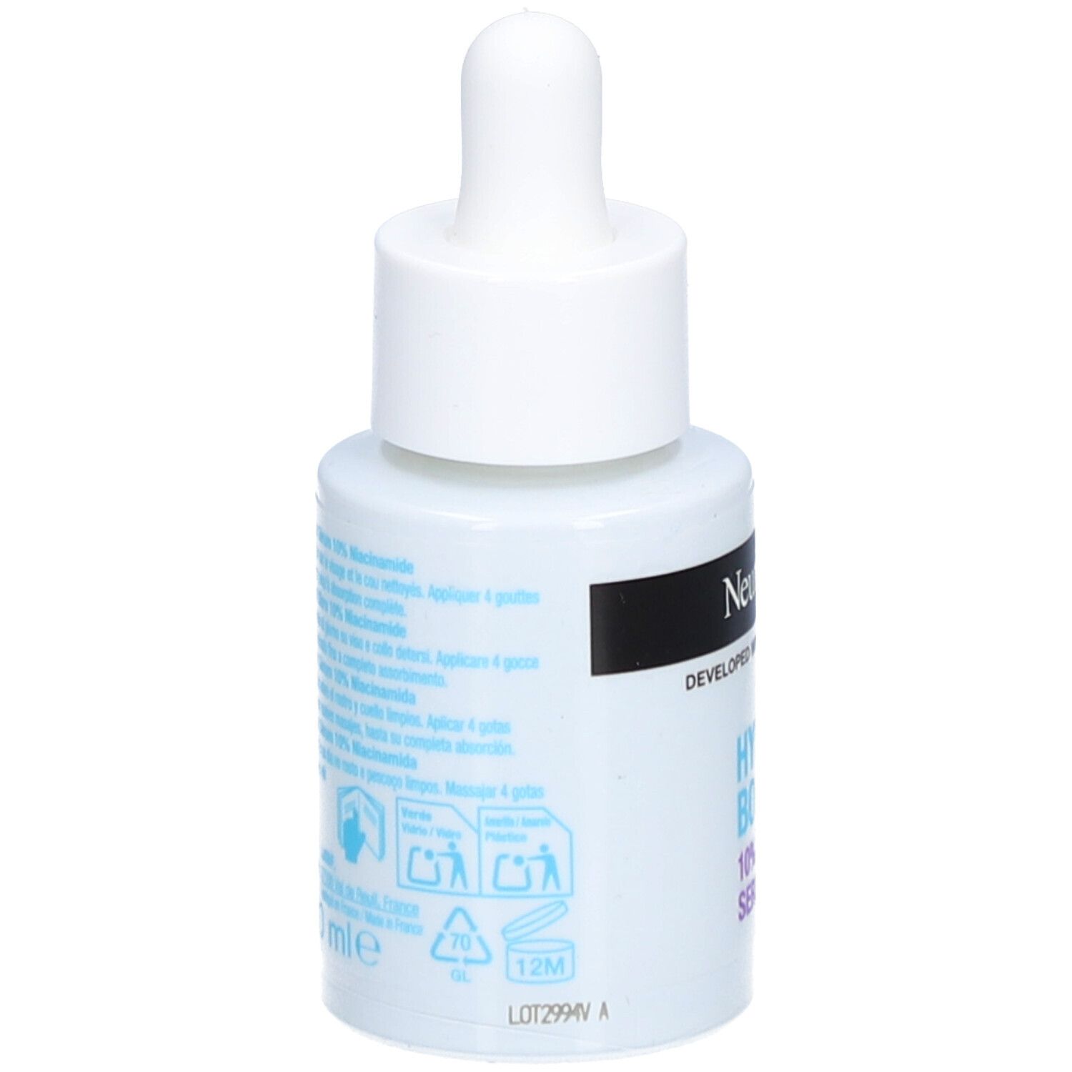 Neutrogena Hydro Boost Serum, weiße Flasche mit Pipette. Rückseite mit Text und Symbolen.