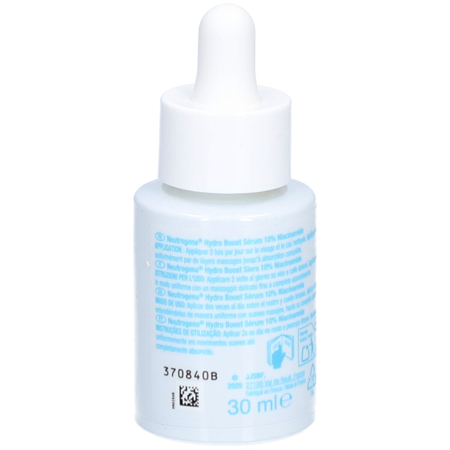 Neutrogena Hydro Boost Serum, weiße Flasche mit Pipette. Rückseite mit Text und Symbolen.