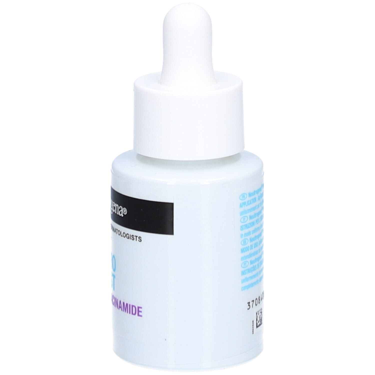 Neutrogena Hydro Boost Serum, weiße Flasche mit Pipette. Rückseite mit Text und Symbolen.