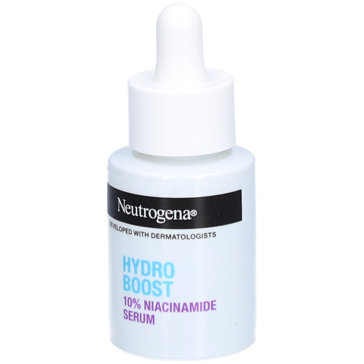 Neutrogena Hydro Boost Serum, weiße Flasche mit Pipette. Rückseite mit Text und Symbolen.