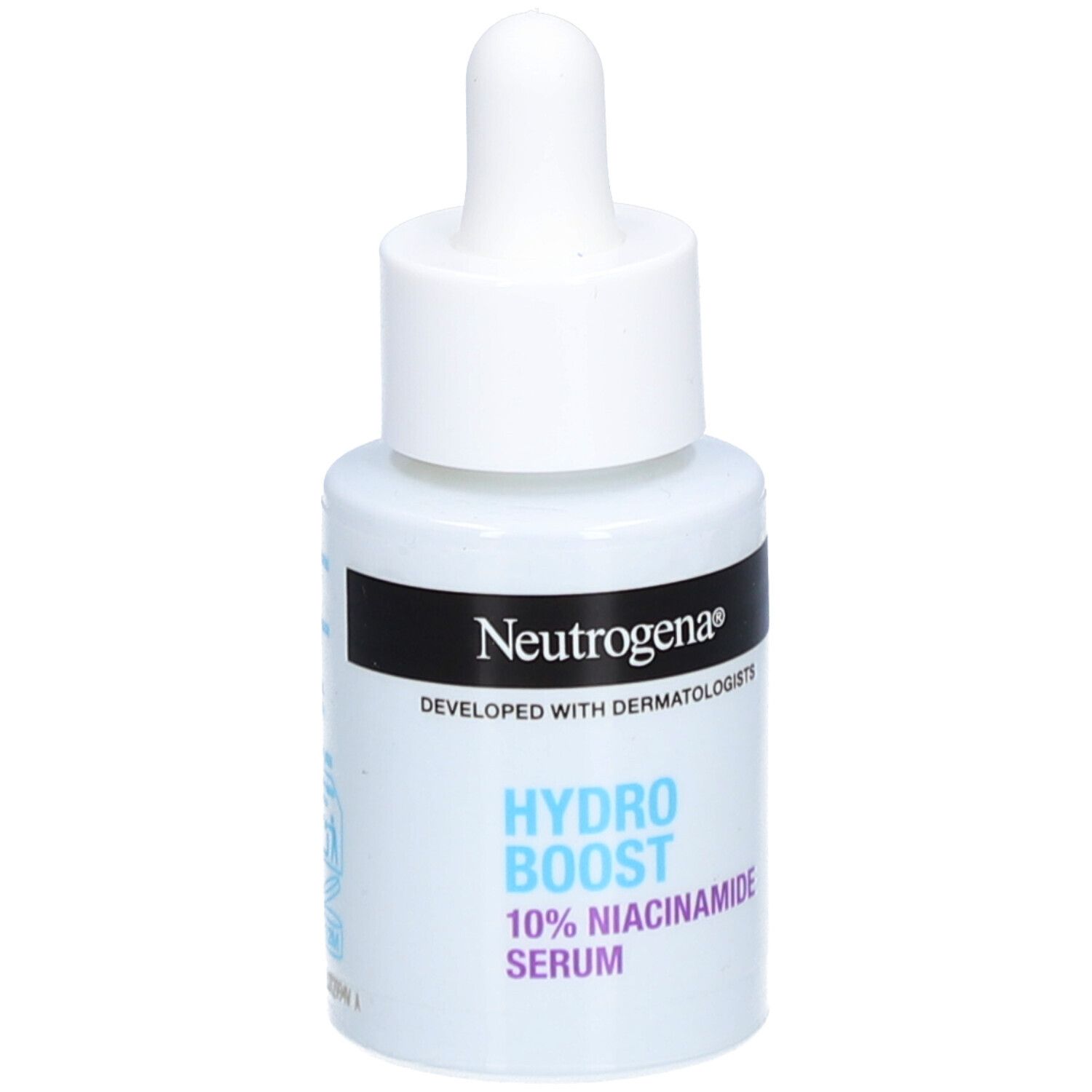 Neutrogena Hydro Boost Serum, Flasche und Verpackung. Blaue Verpackung mit Logo und Text.