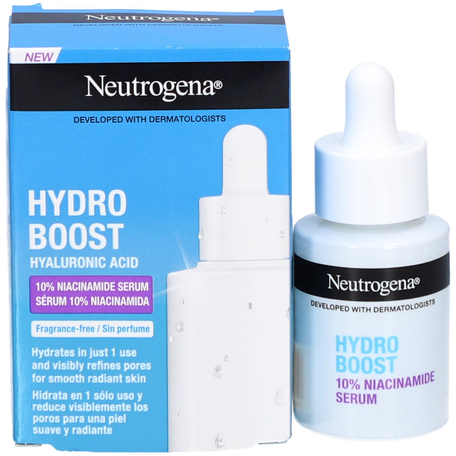 Neutrogena Hydro Boost Serum, Verpackung. Blaue Verpackung mit Logo und Text.
