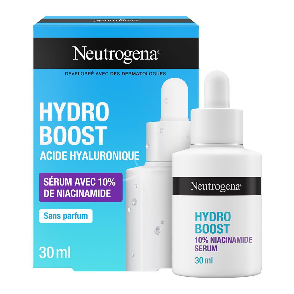 Neutrogena Hydro Boost Serum, Flasche und Verpackung. Blaue Verpackung mit Logo und Text. Flasche mit Pipette.