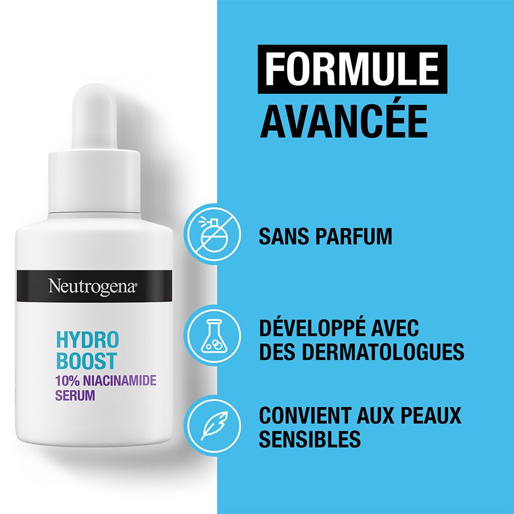 Serumflasche mit Text. Formel: Ohne Parfüm, mit Dermatologen entwickelt, für empfindliche Haut geeignet. Blauer Hintergrund.