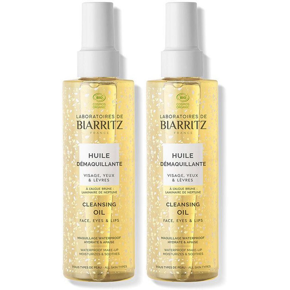 Zwei Flaschen Reinigungsöl. Aufschrift: Laboratoires de Biarritz, Huile Demaquillante, Cleansing Oil. Für Gesicht, Augen und Lippen.
