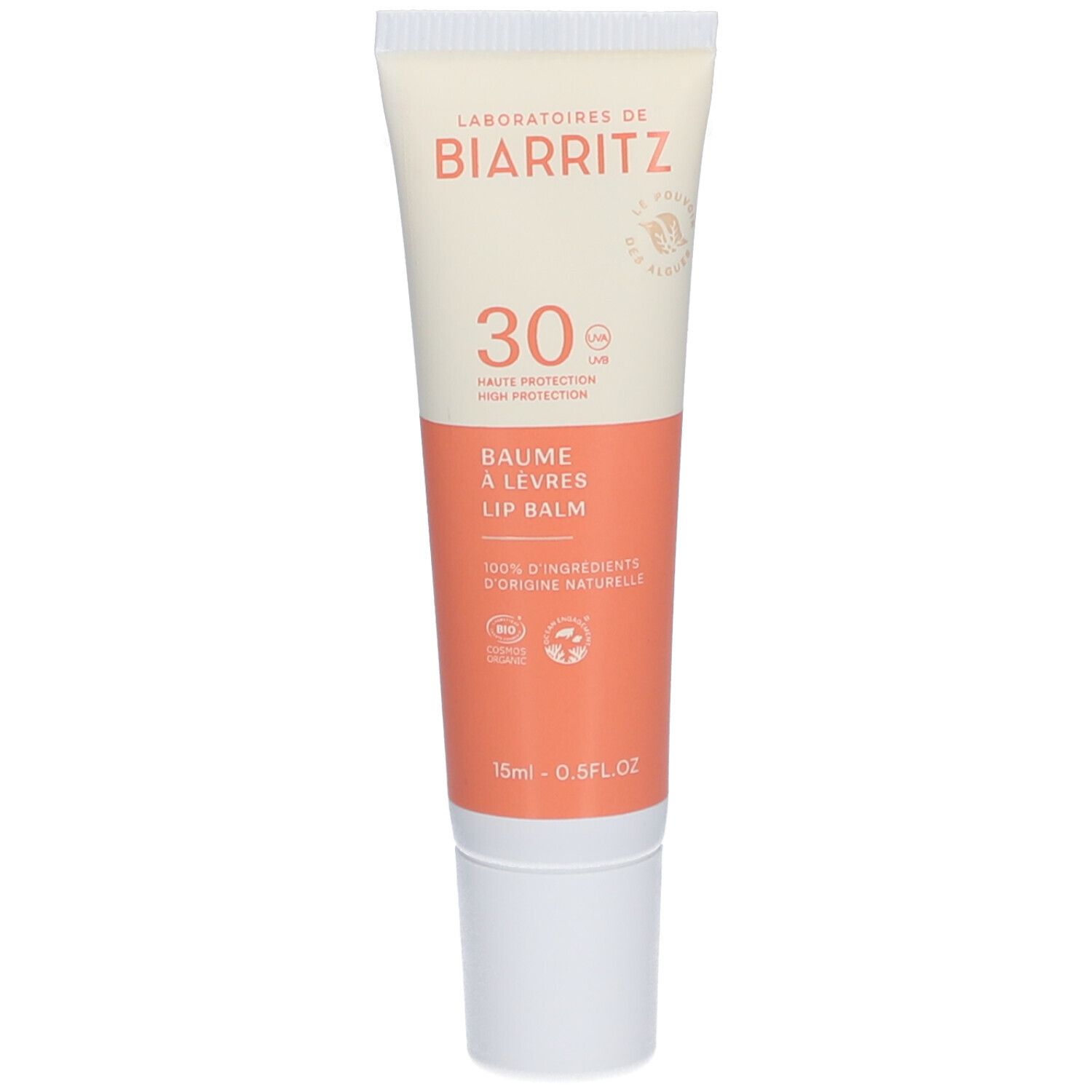 Tube de crème SPF30. Marque Laboratoires de Biarritz. Bande orange. Texte "Baume à lèvres" et "15ml - 0.5FL OZ".