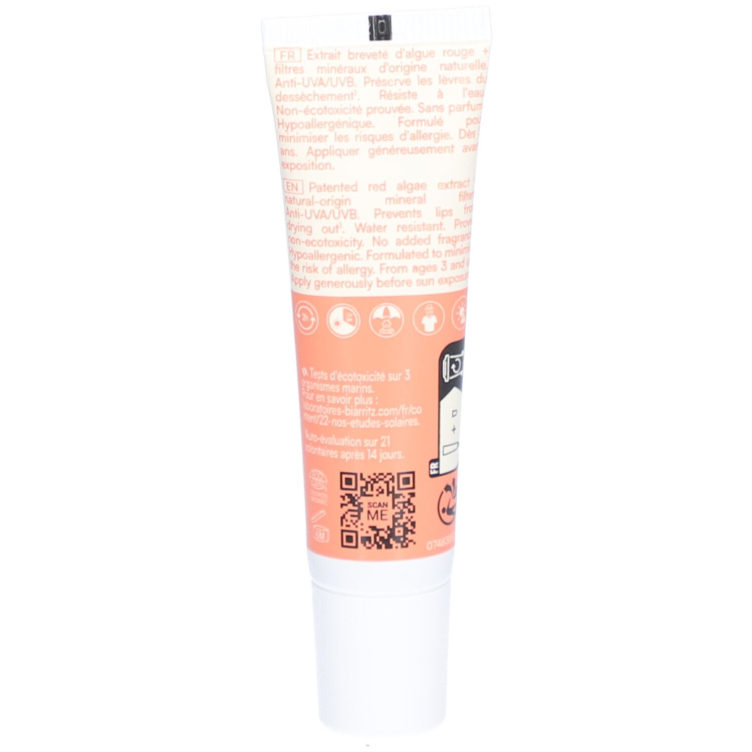 Dos du tube de crème. Texte en français et anglais. Code QR et logos. Bande orange.