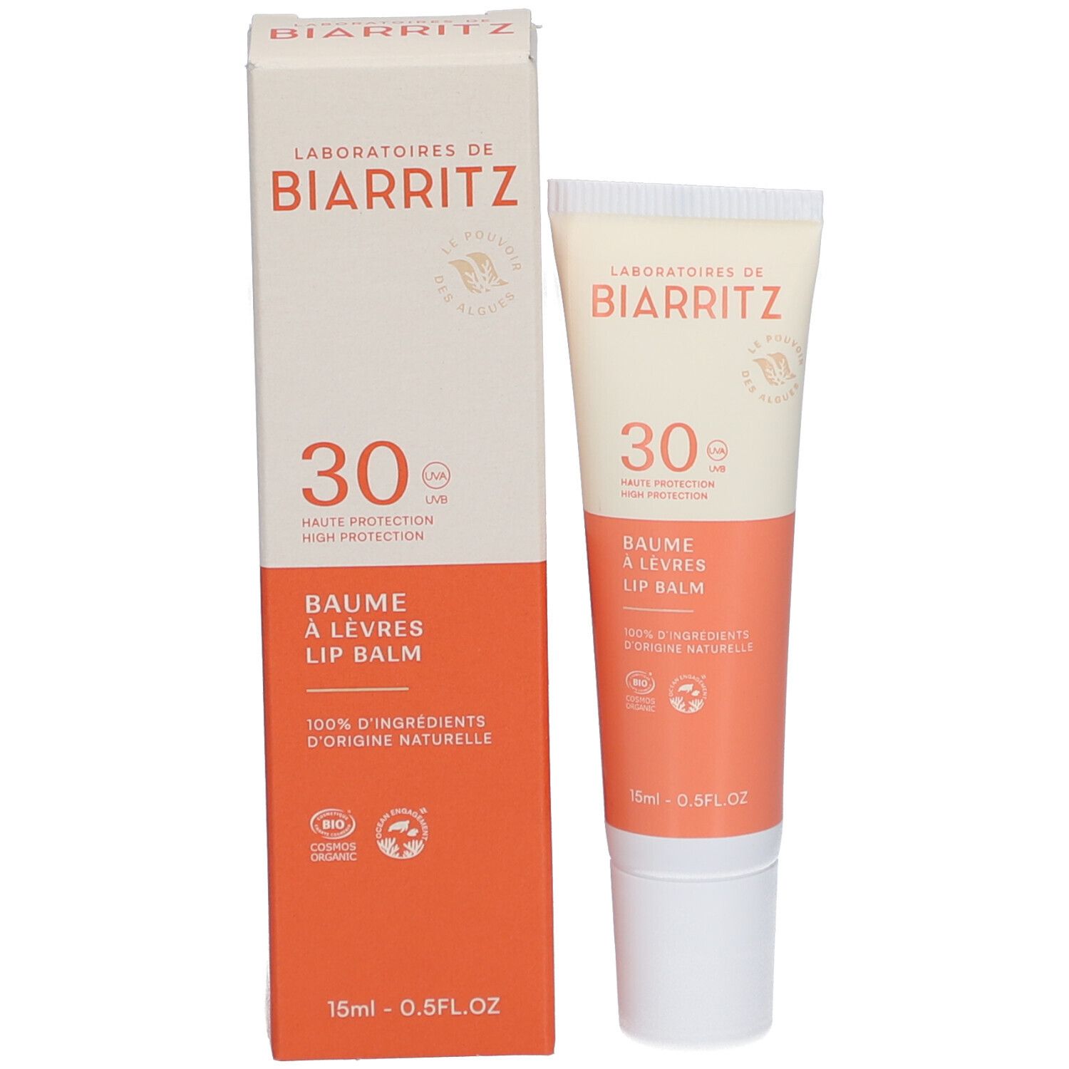 Emballage du produit avec tube de crème. Marque Laboratoires de Biarritz. SPF30. Texte "Baume à lèvres" et "15ml - 0.5FL OZ".