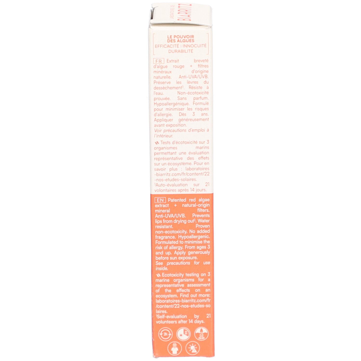 Côté de l'emballage du produit. Texte en français et anglais. Logos et informations. Fond orange.