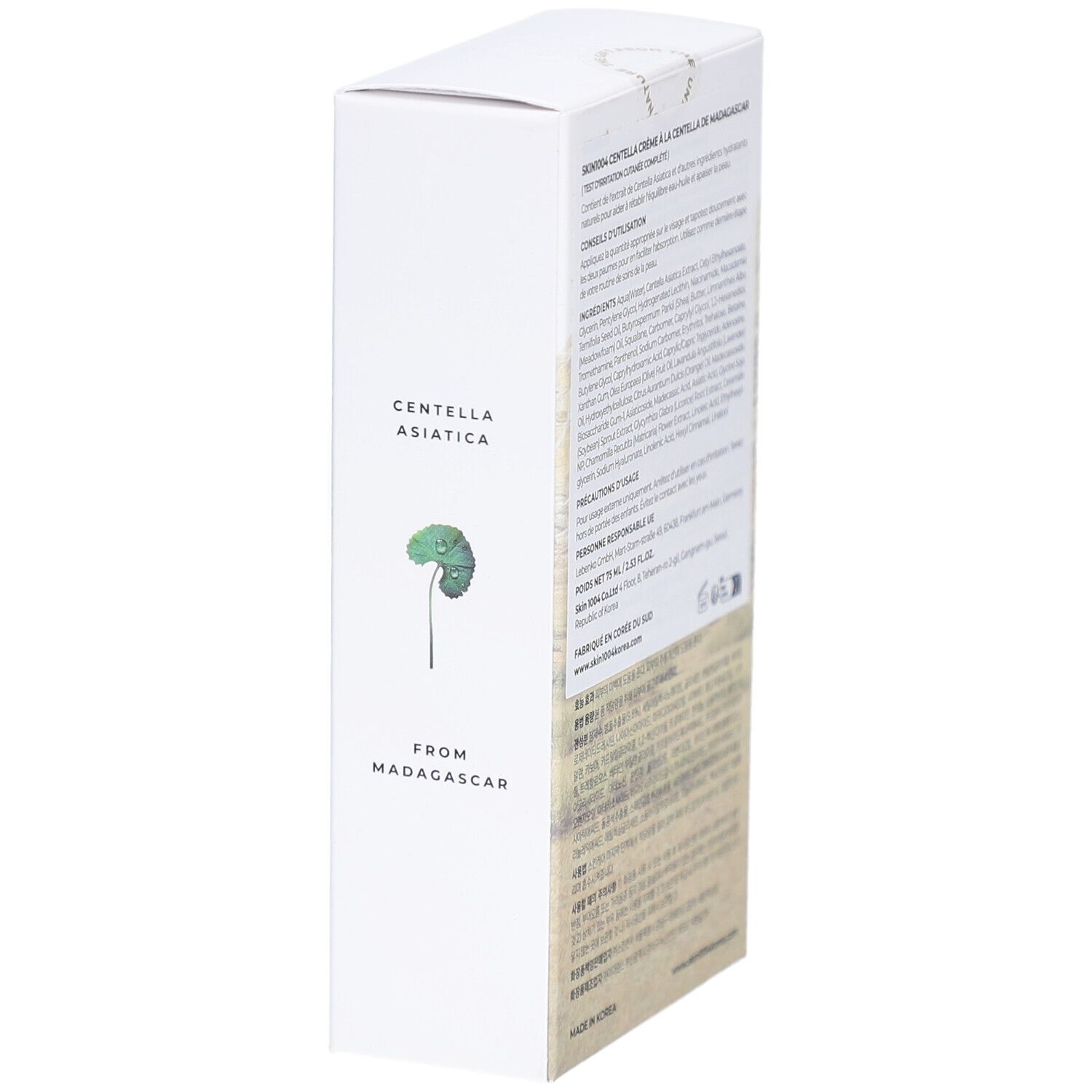 Seite der SKIN1004 MADAGASCAR CENTELLA CREAM Verpackung. Centella Asiatica und Text.